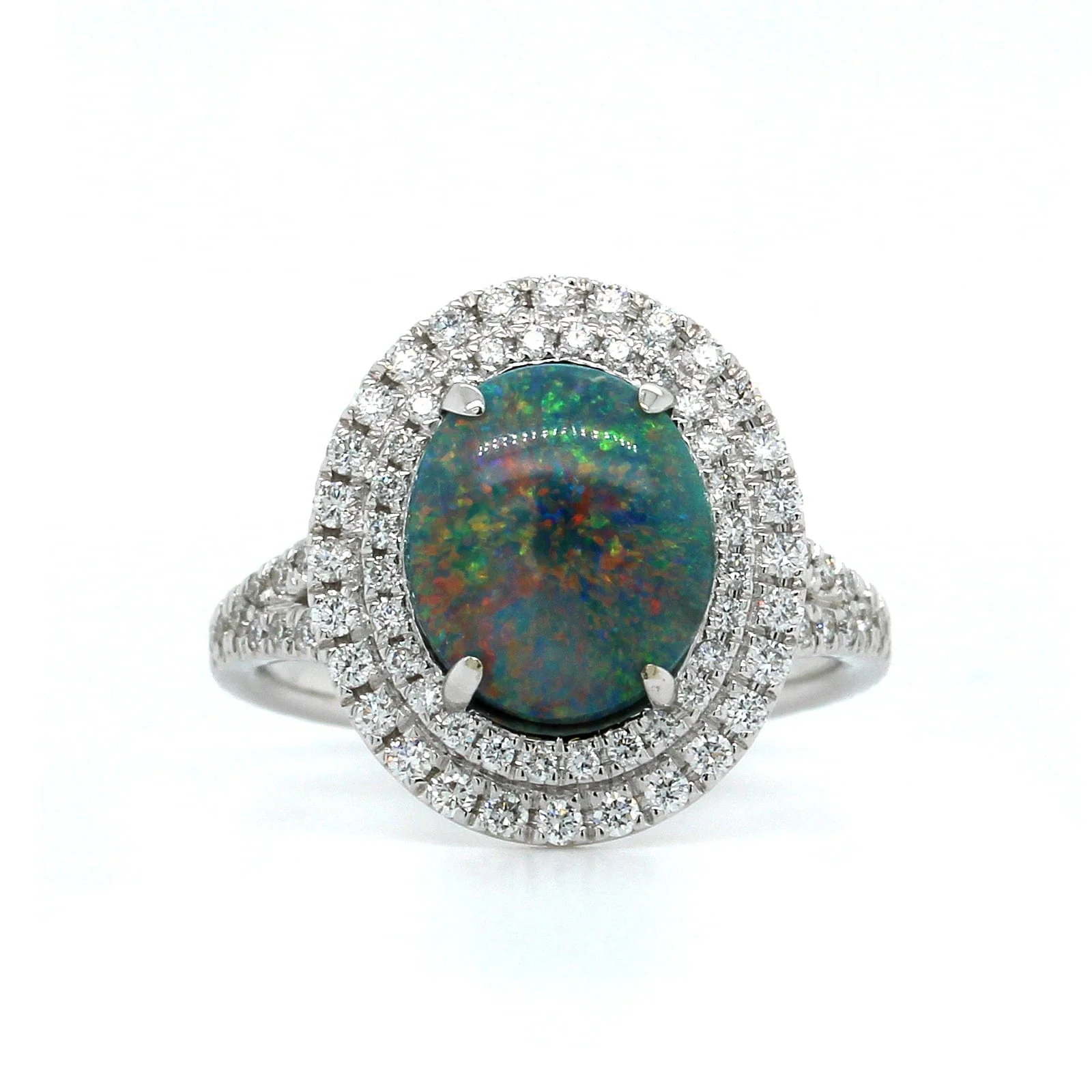 18K White Gold Opal Double Diamond Halo Ring - Image 4