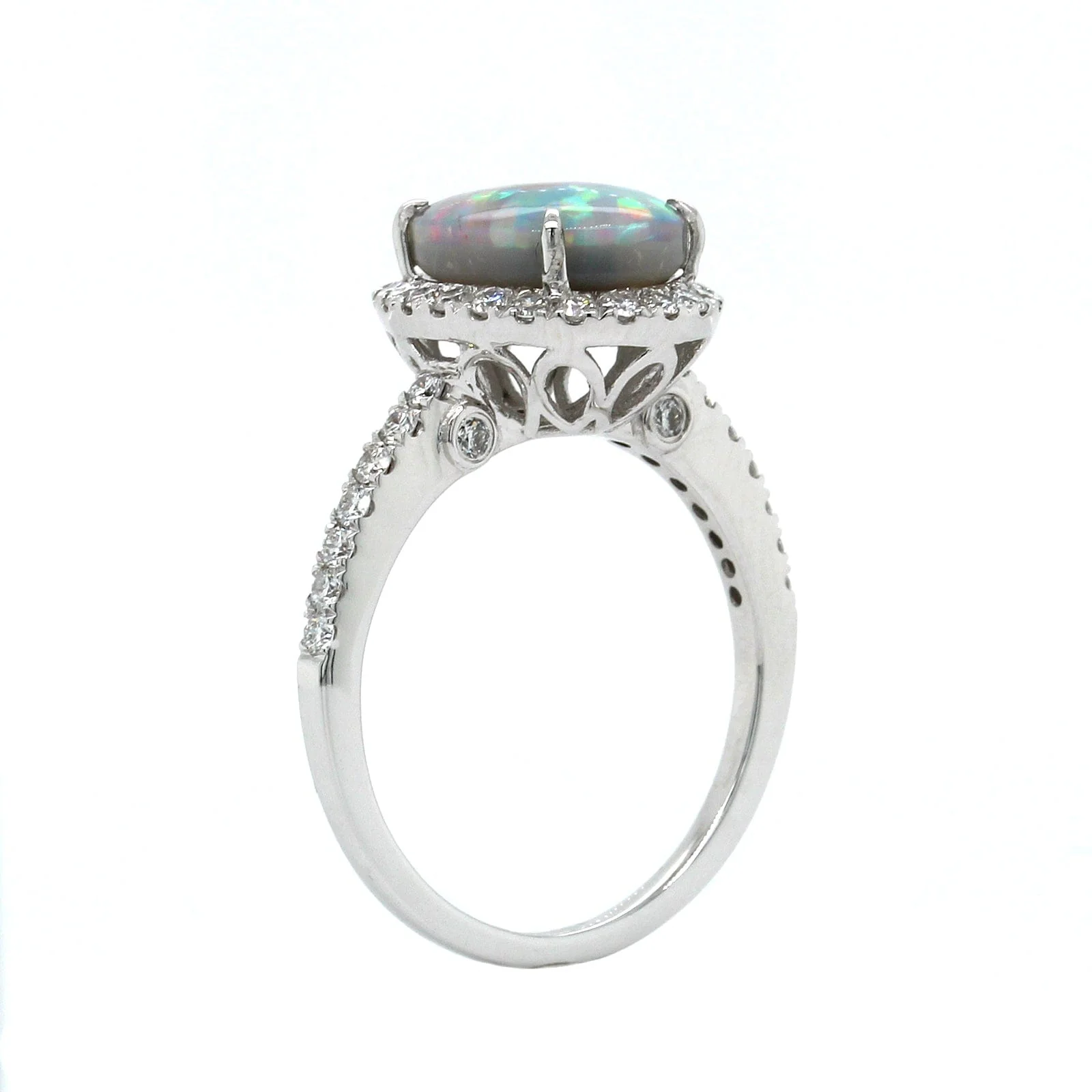 18K White Gold Opal Diamond Halo Ring - Image 2