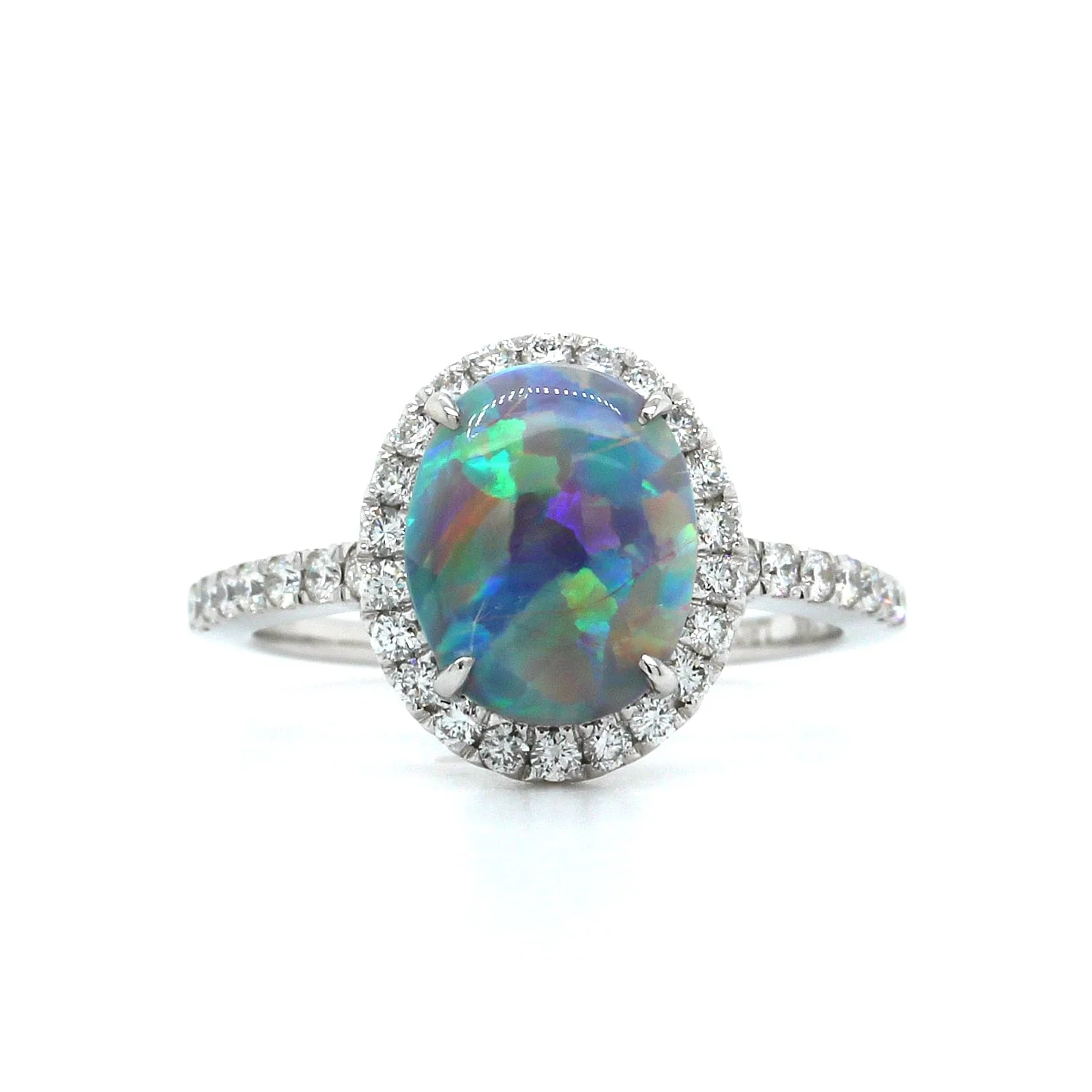 18K White Gold Opal Diamond Halo Ring - Image 4