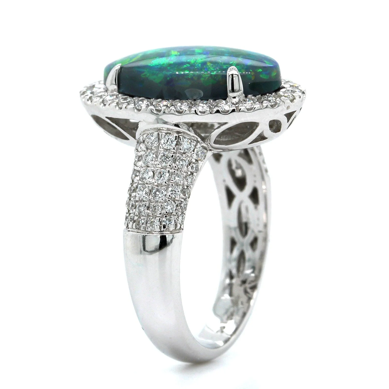 18K White Gold Oval Lightning Ridge Opal & Diamond Halo Ring - Image 2