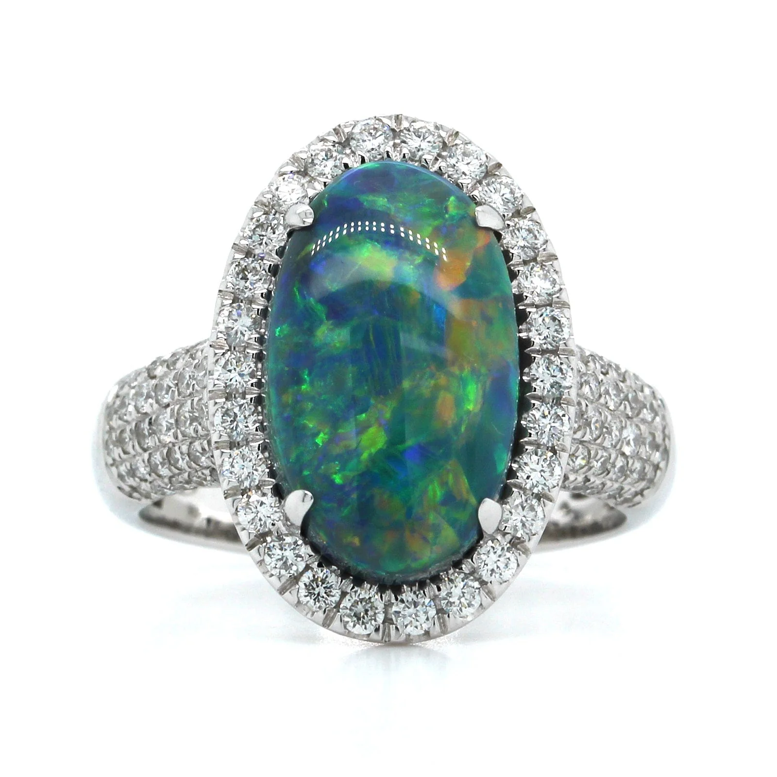 18K White Gold Oval Lightning Ridge Opal & Diamond Halo Ring - Image 4