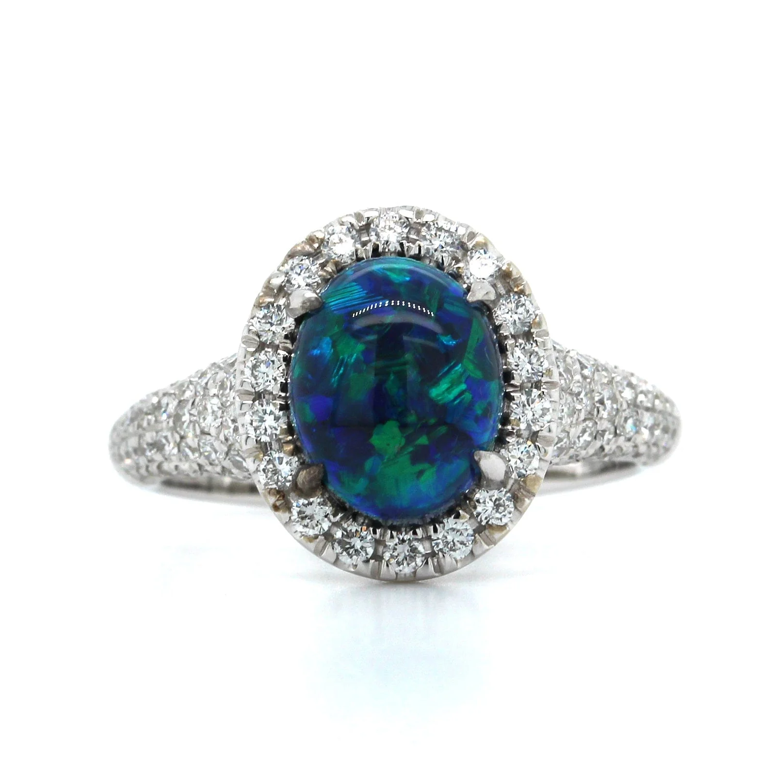 18K White Gold Oval Lightning Ridge Opal & Diamond Halo Ring