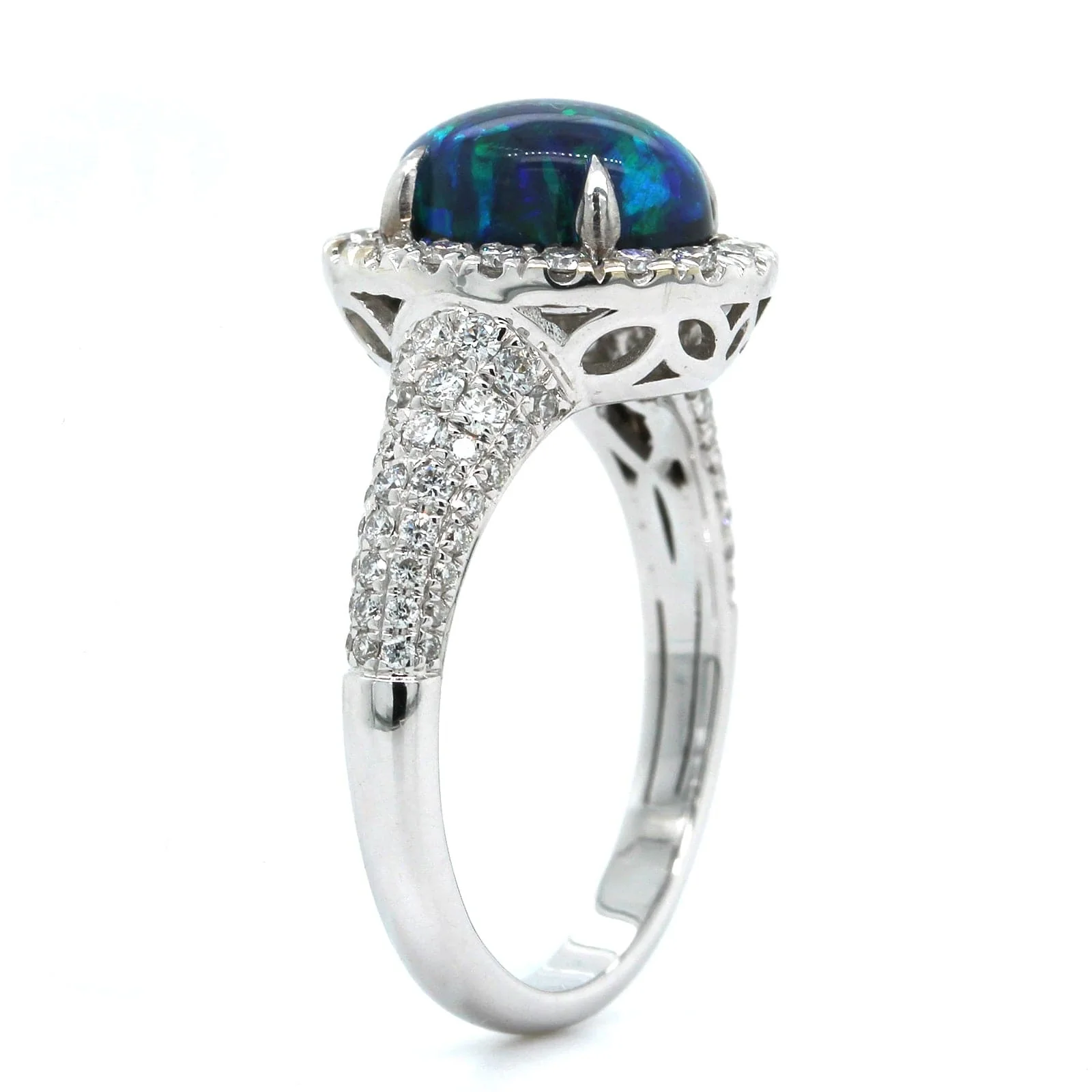 18K White Gold Oval Lightning Ridge Opal & Diamond Halo Ring - Image 2