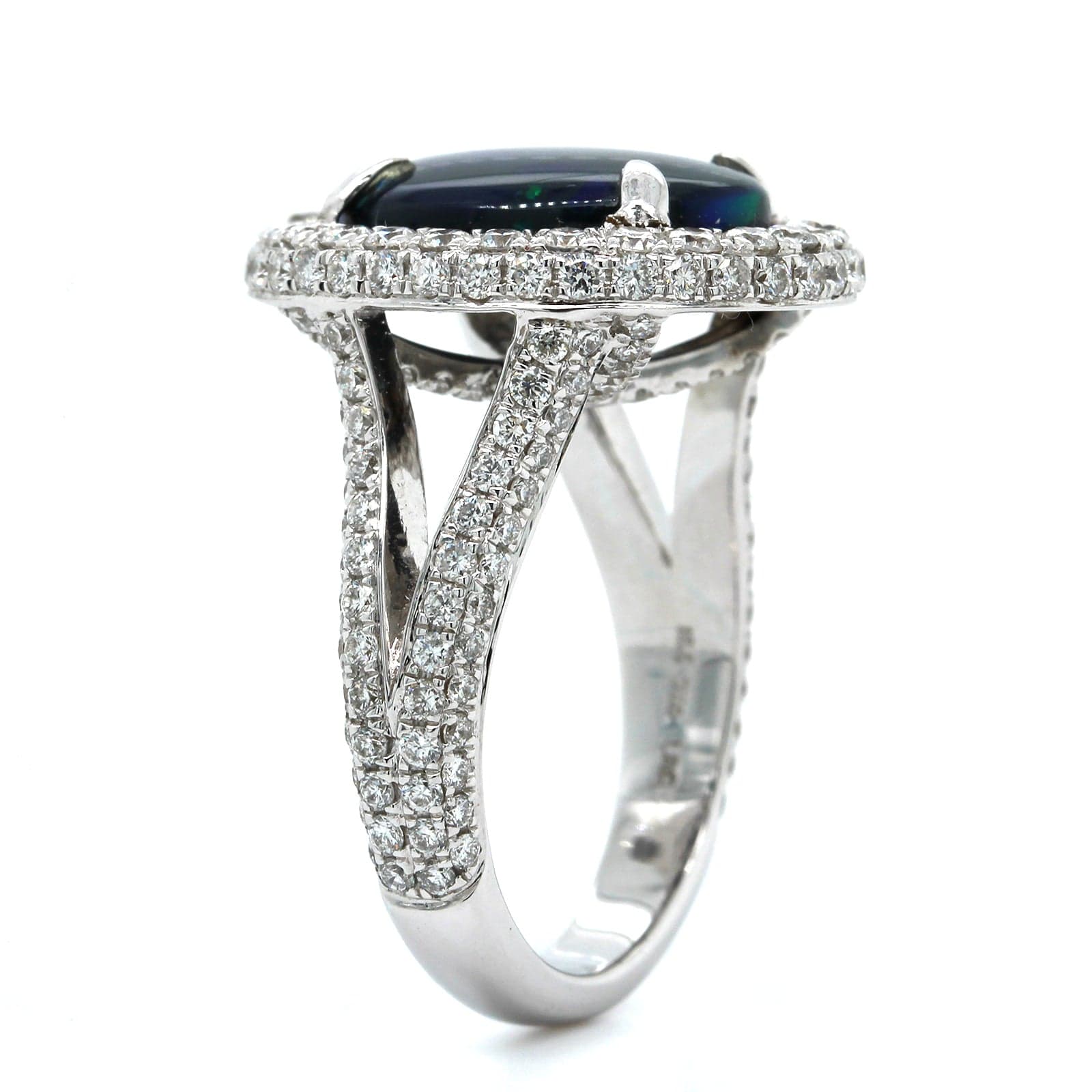 18K White Gold Oval Lightning Ridge Opal & Diamond Halo Ring - Image 2