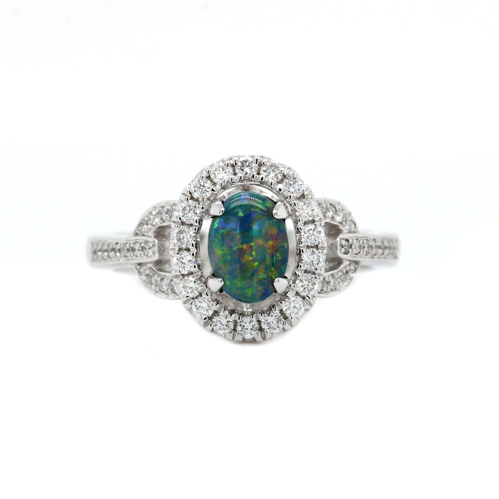 18K White Gold Opal and Diamond Halo Ring - Image 5