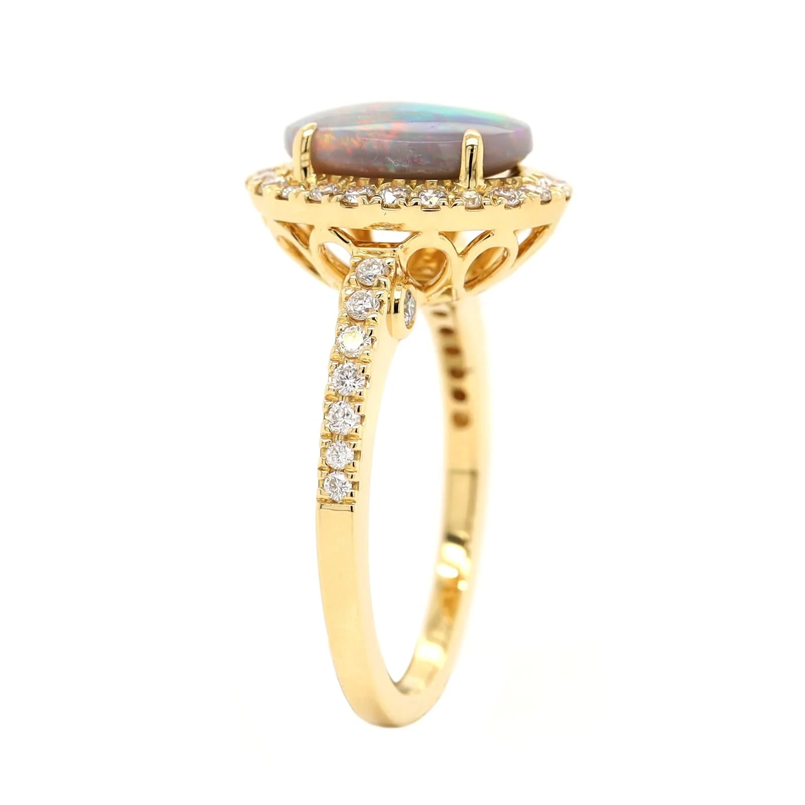 18K Yellow Gold Oval Lightning Ridge Opal & Diamond Halo Ring - Image 2
