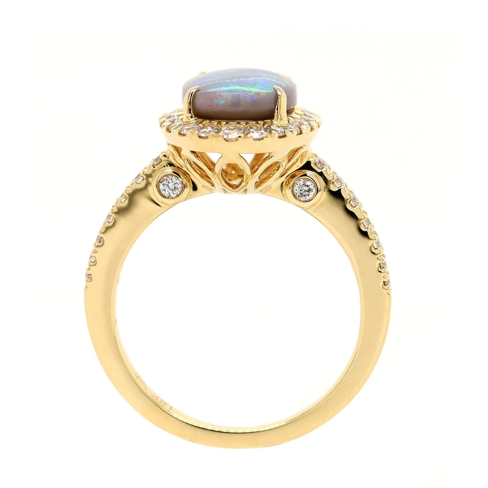 18K Yellow Gold Oval Lightning Ridge Opal & Diamond Halo Ring - Image 3