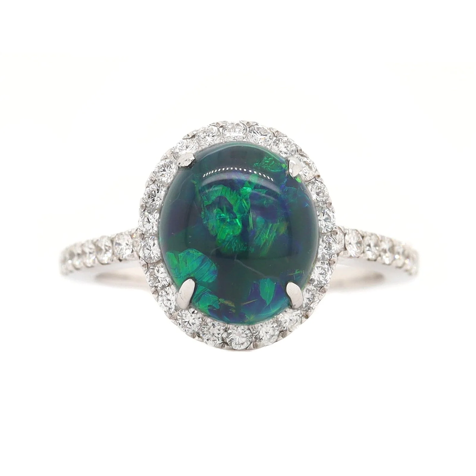 18K White Gold Oval Lightning Ridge Opal & Diamond Halo Ring - Image 5
