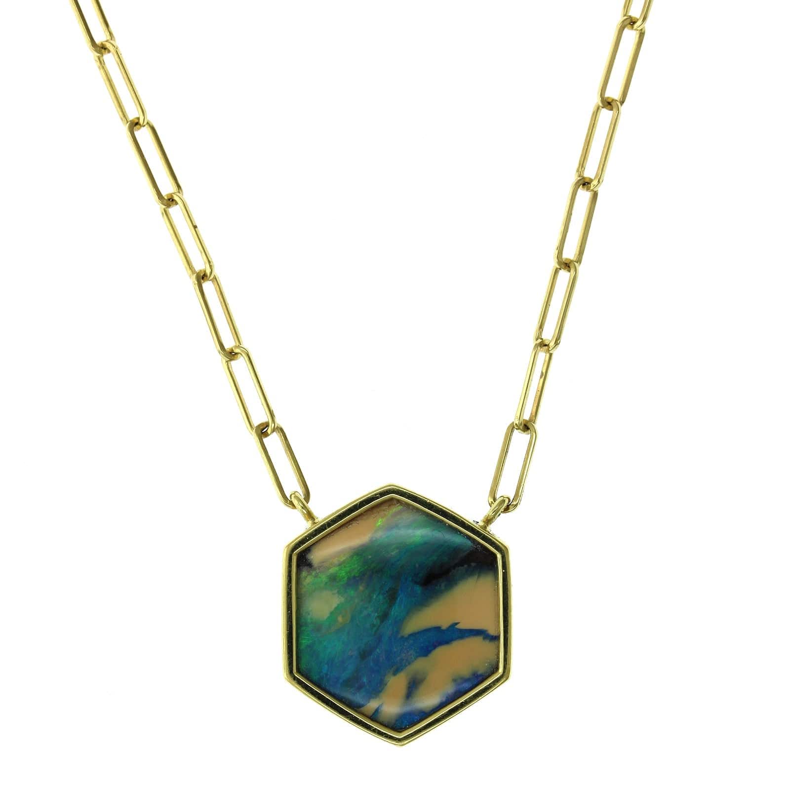 18K Yellow Gold Hexagon Opal Paperclip Necklace