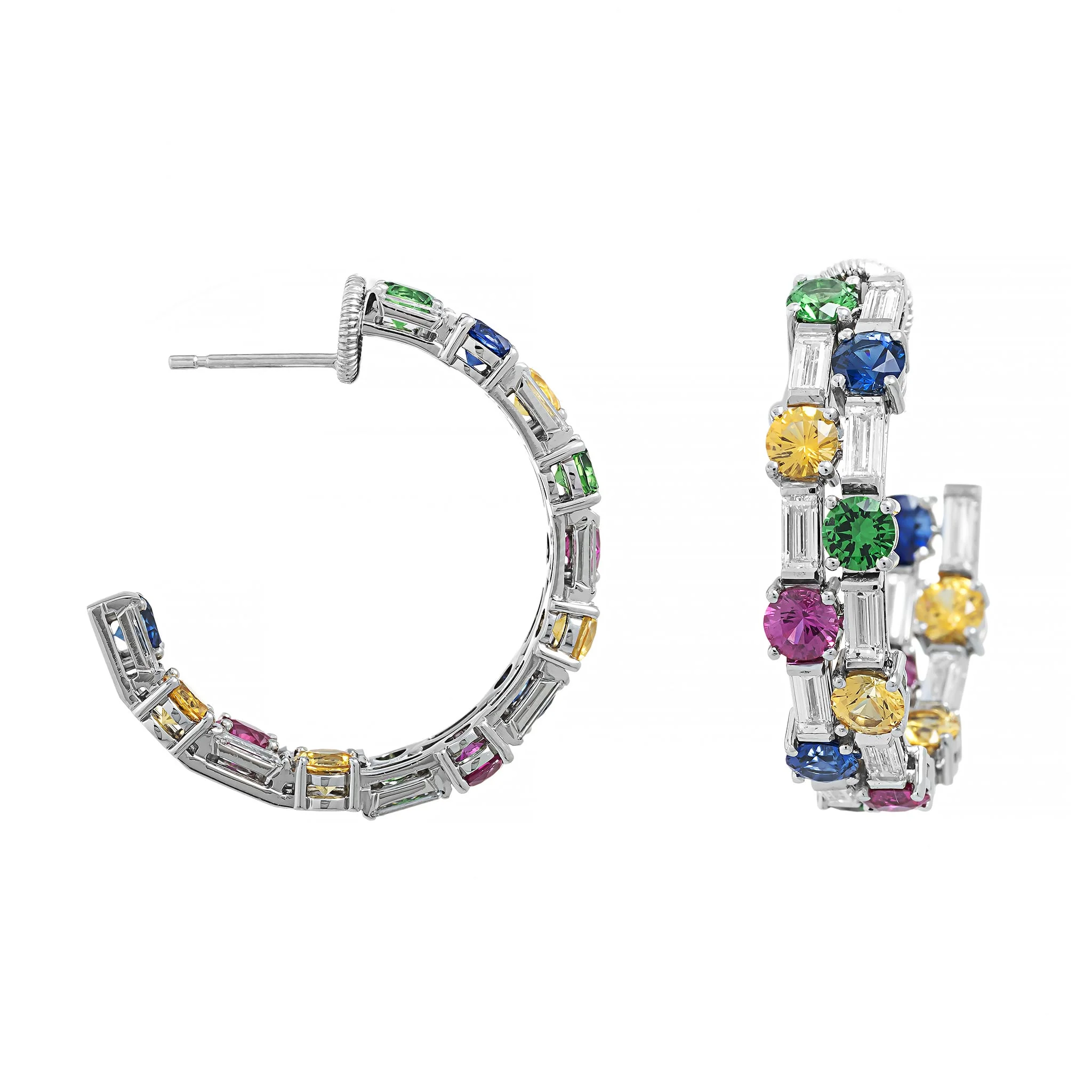 Oscar Heyman Platinum Multi Gemstone and Diamond Hoop Earrings