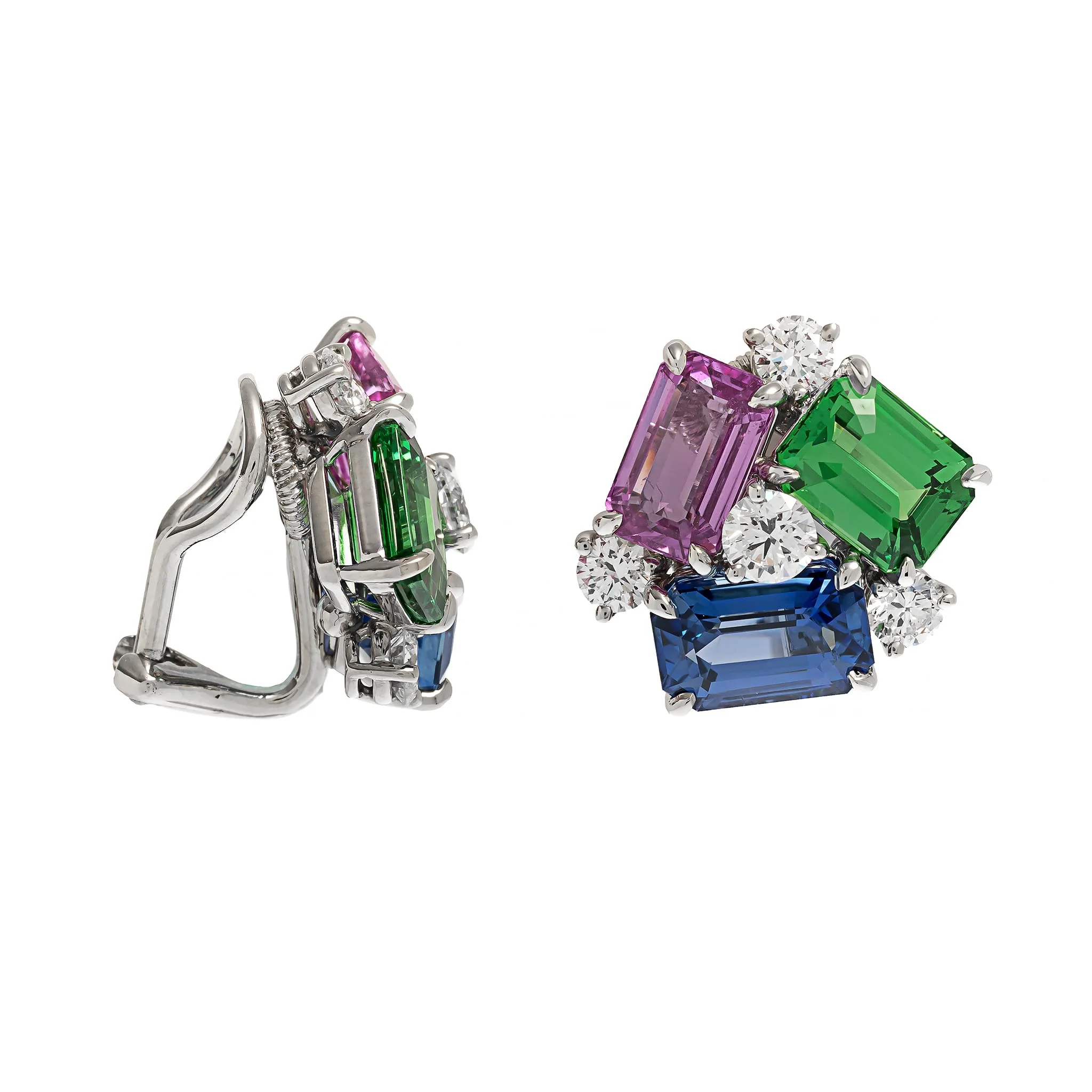 Oscar Heyman Platinum Sapphire, Tsavorite, and Diamond Cluster Stud Earrings