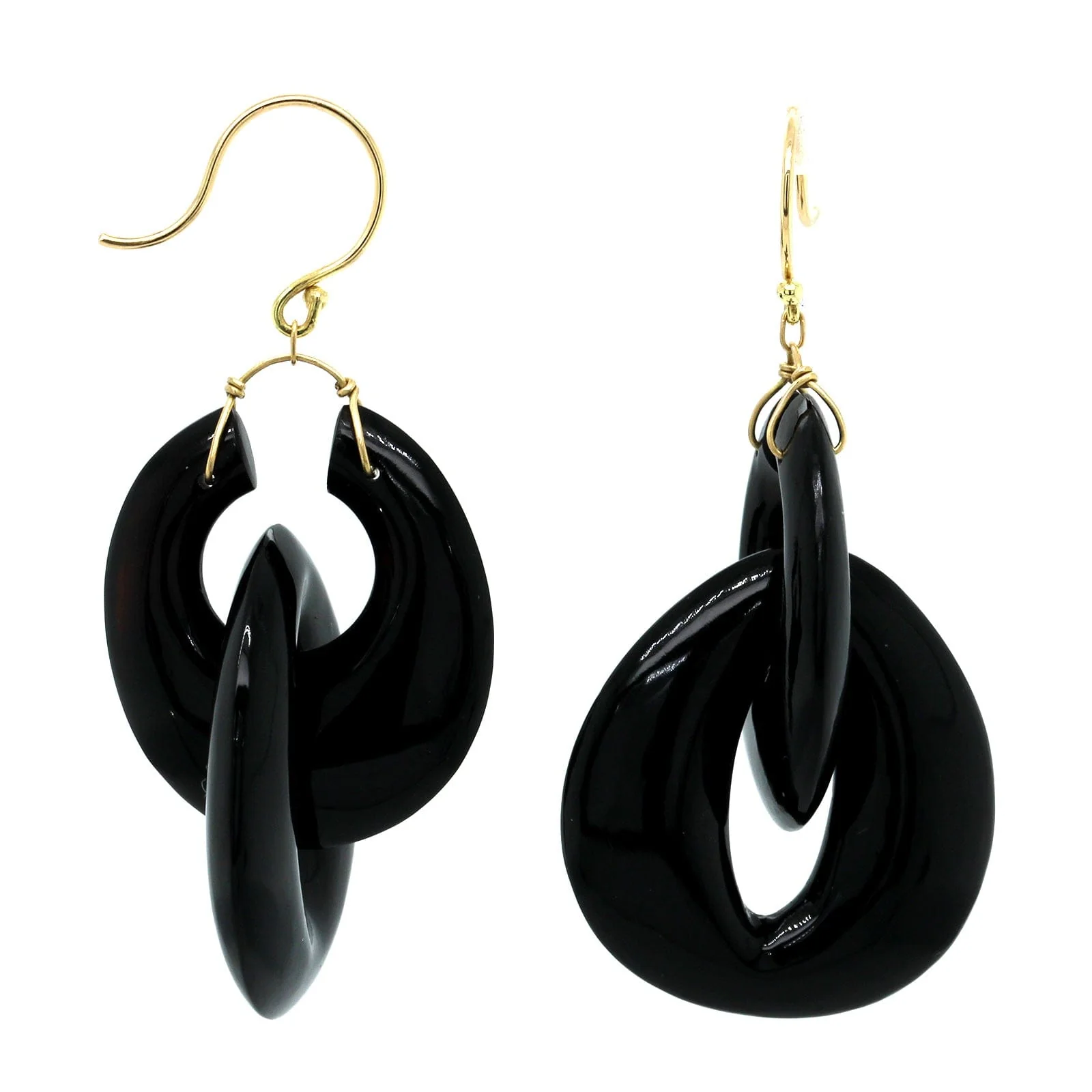18K Yellow Gold Black Onyx Peacock Link Earrings