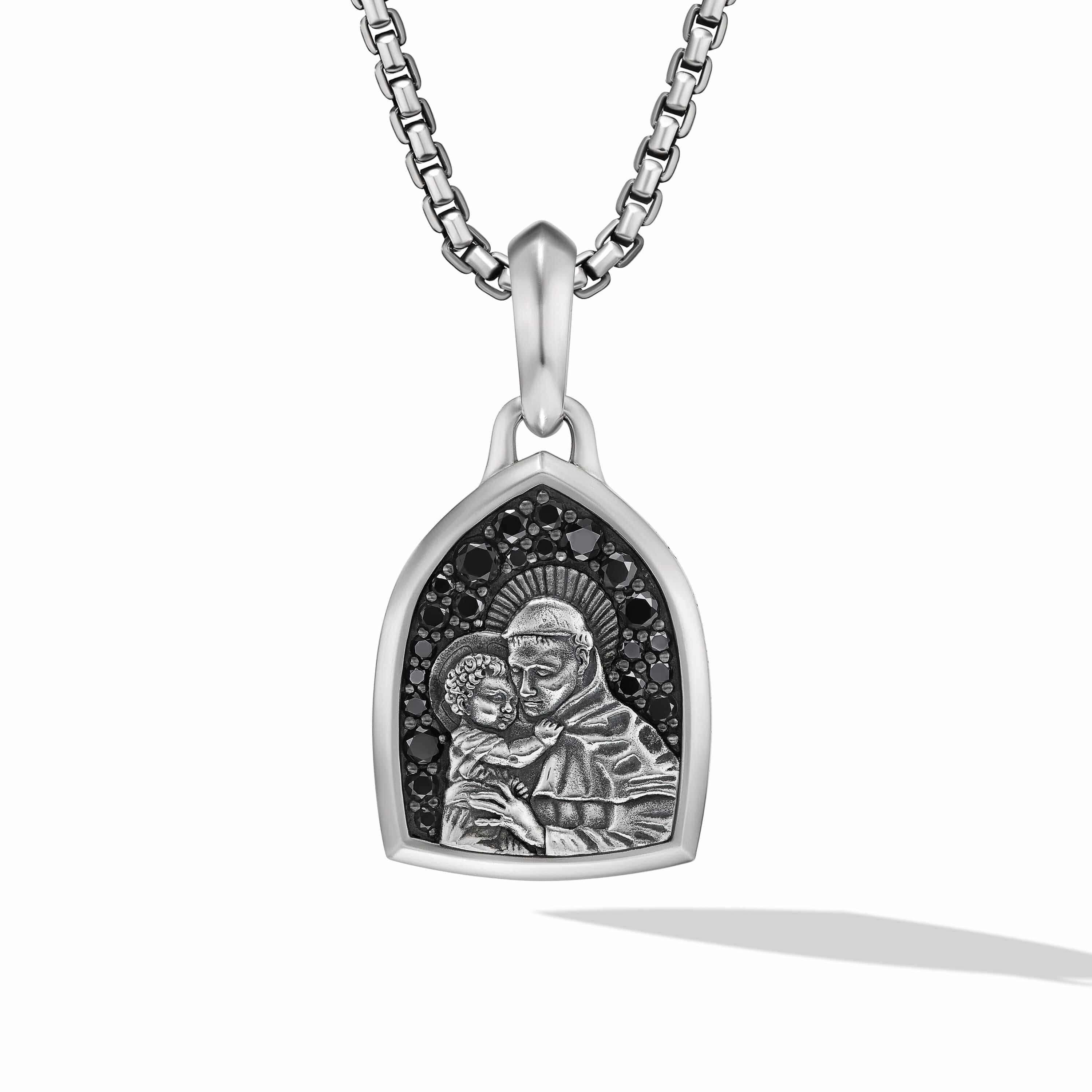 St. Anthony Amulet in Sterling Silver with Black Diamonds, 21.8mm