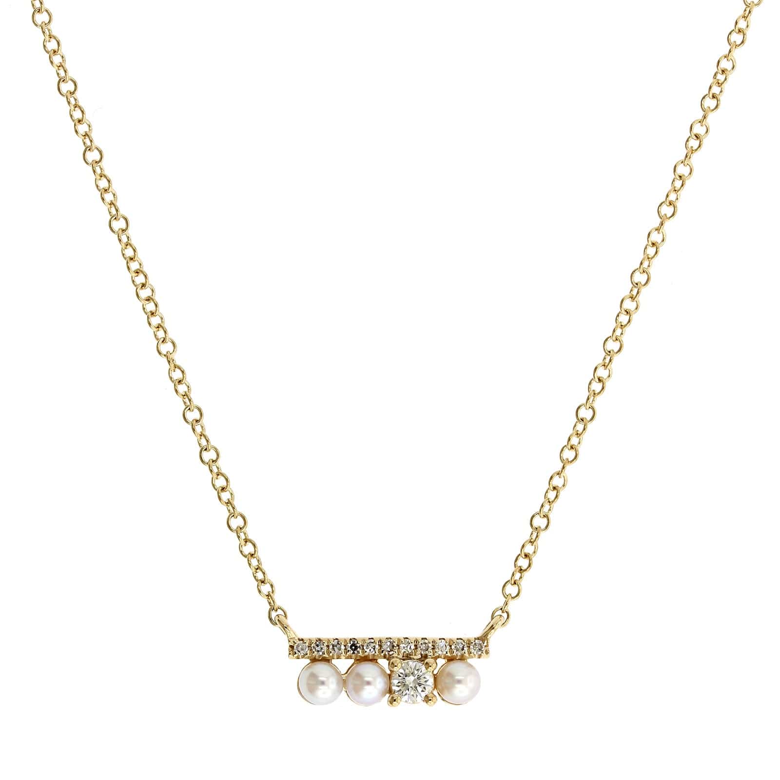 14K Yellow Gold Pave Diamond & Pearl Bar Necklace - Image 2