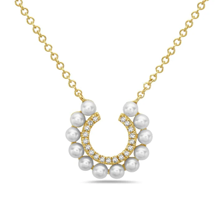 14K Yellow Gold Open Circle Diamond & Pearl Necklace