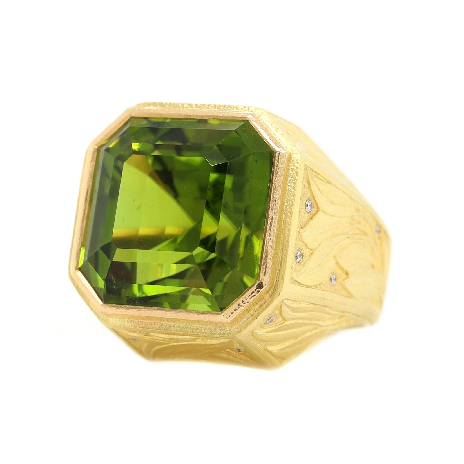 18K Yellow Gold Square Cut Peridot and Diamond Ring