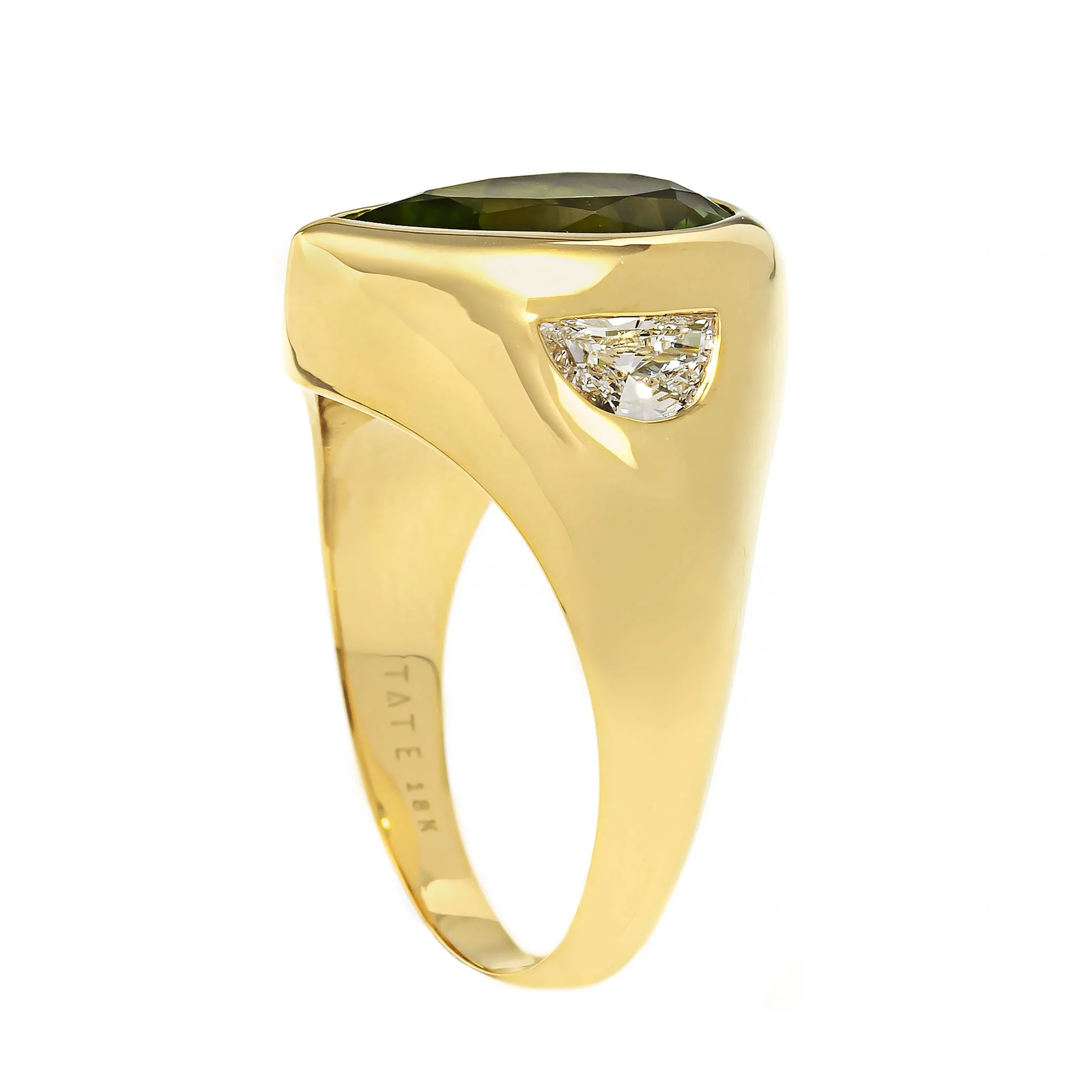 18K Yellow Gold Bezel Set Pear Shaped Peridot and Diamond Ring - Image 2