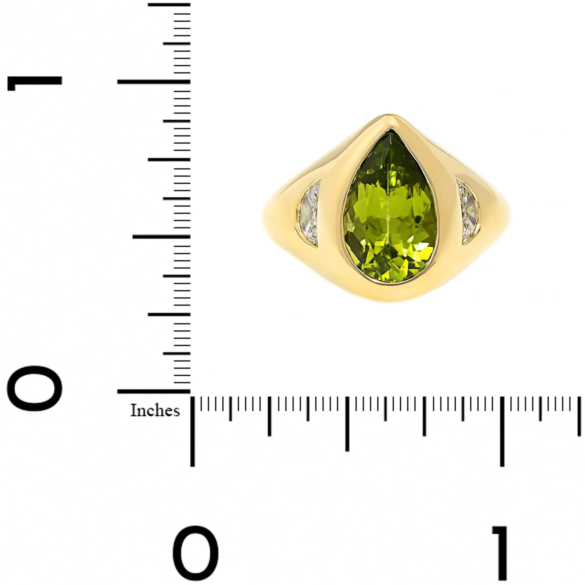 18K Yellow Gold Bezel Set Pear Shaped Peridot and Diamond Ring - Image 4