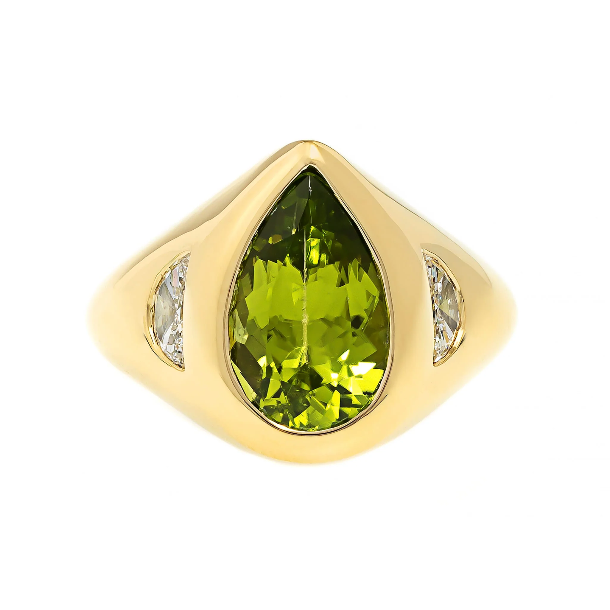 18K Yellow Gold Bezel Set Pear Shaped Peridot and Diamond Ring - Image 5