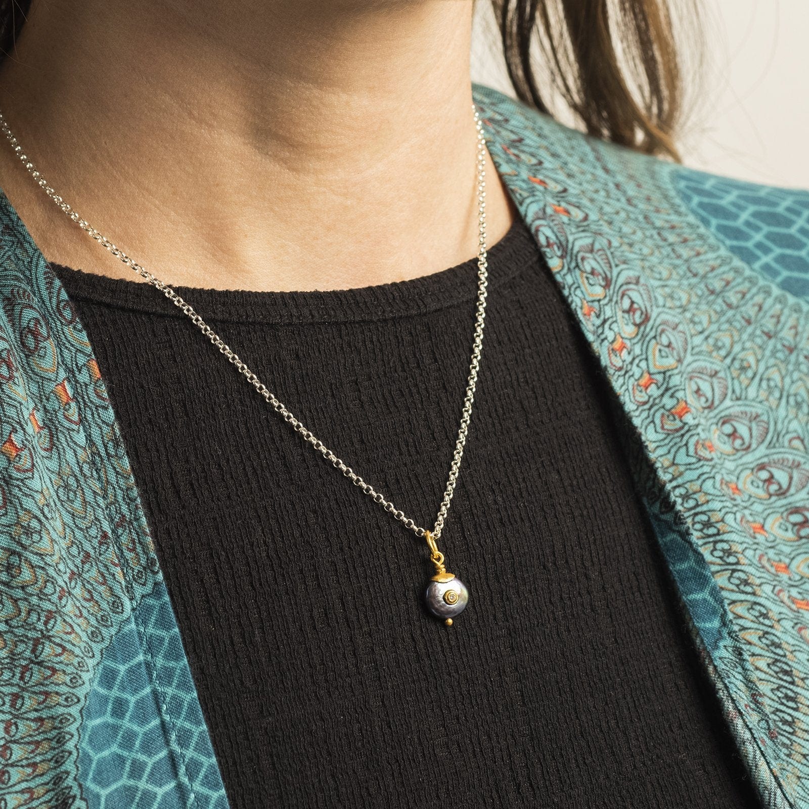 24K Yellow Gold Pearl Diamond Charm - Image 2