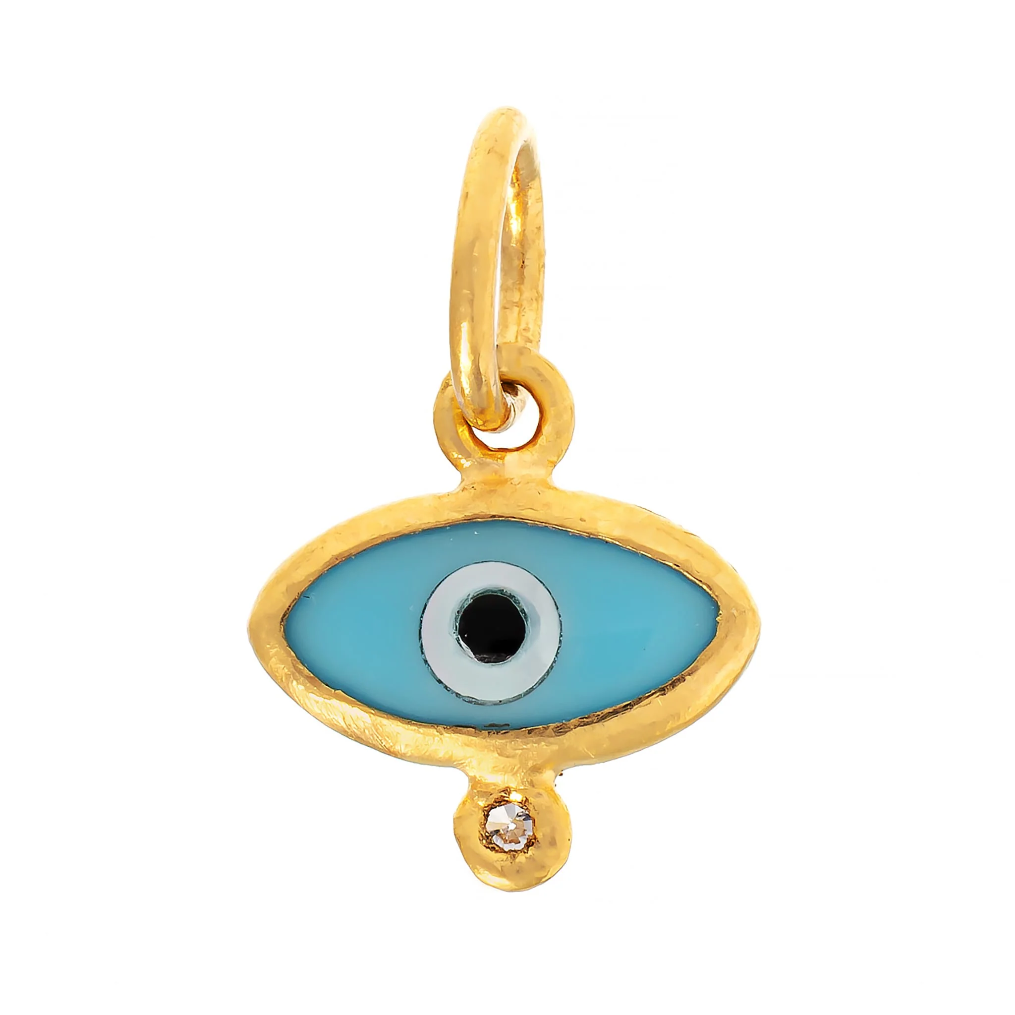 24K Yellow Gold Turquoise Mother Of Pearl and Diamond Evil Eye Charm - Image 2