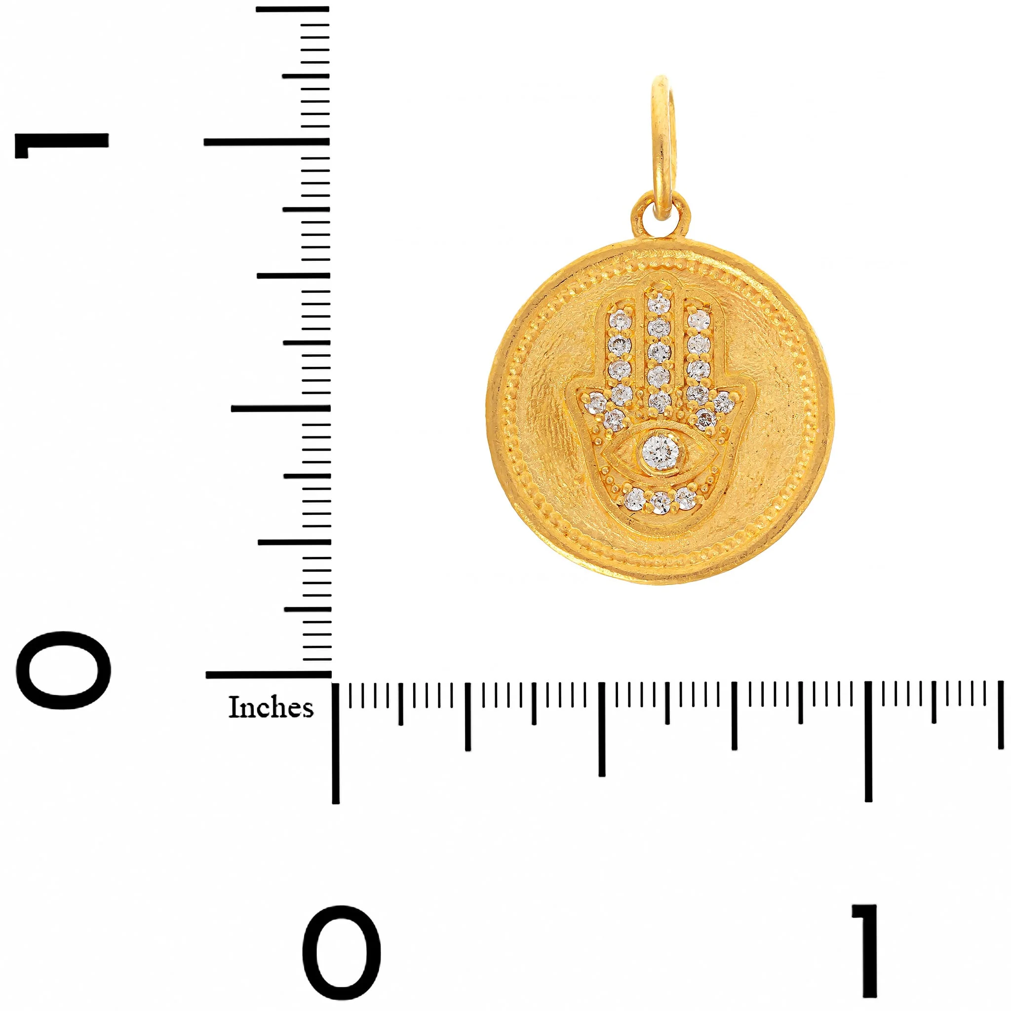 24K Yellow Gold Diamond Round Evil Eye Hamsa Charm - Image 3