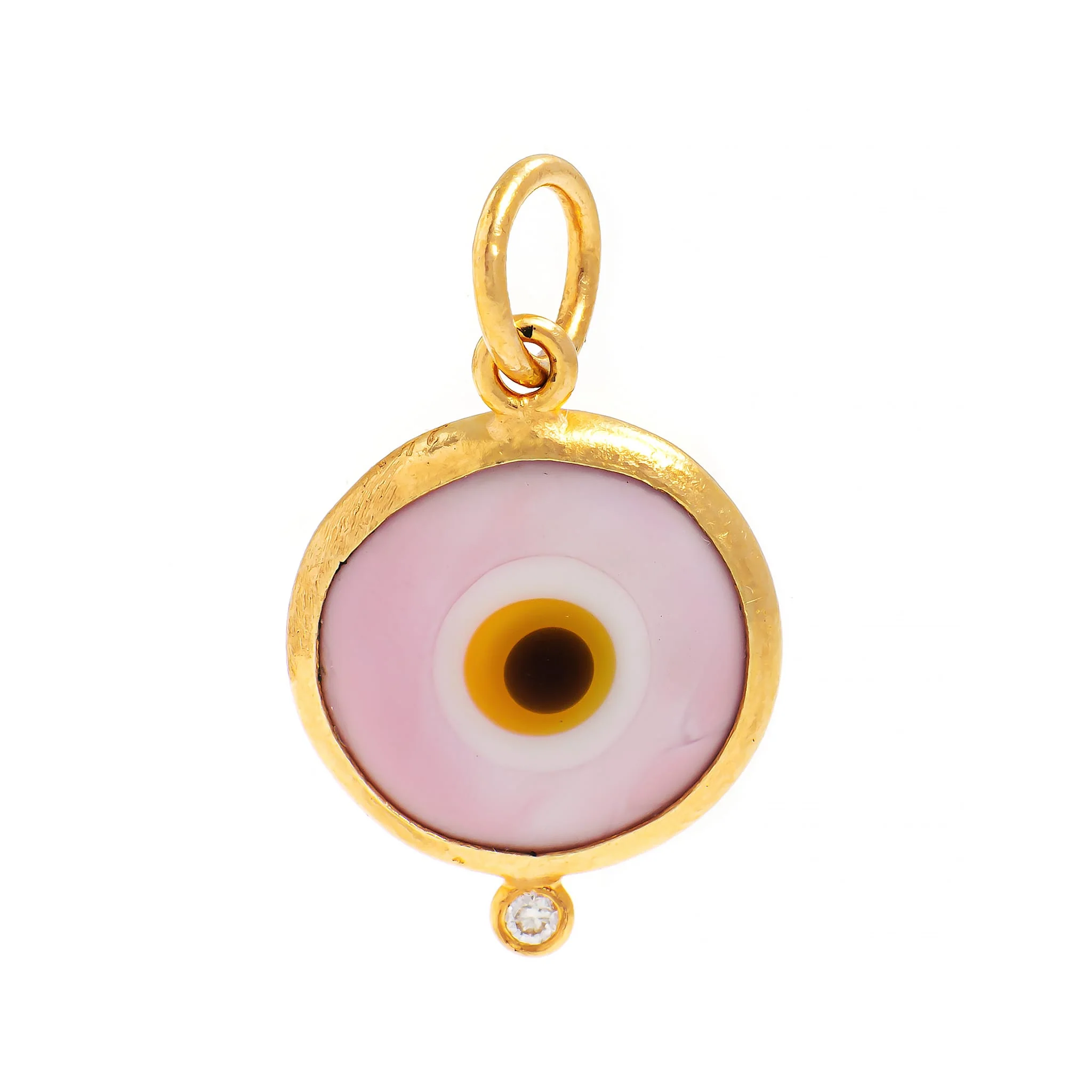 24K Yellow Gold Pink Mother Of Pearl and Diamond Evil Eye Charm