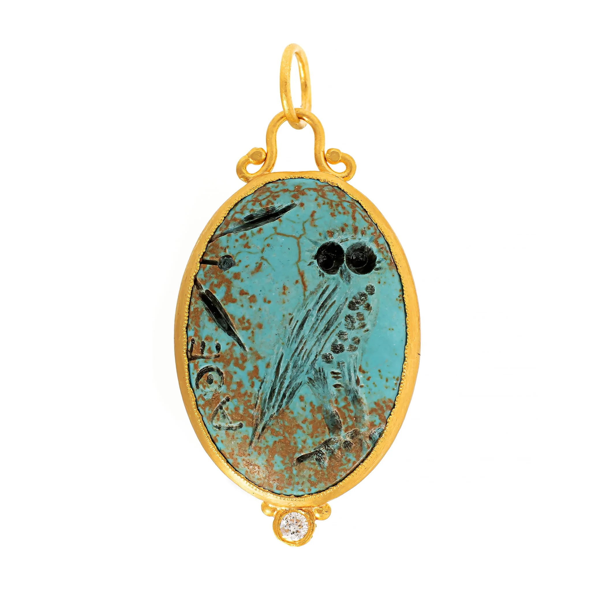 24K Yellow Gold Oval Turquoise and Diamond Athena's Owl Charm