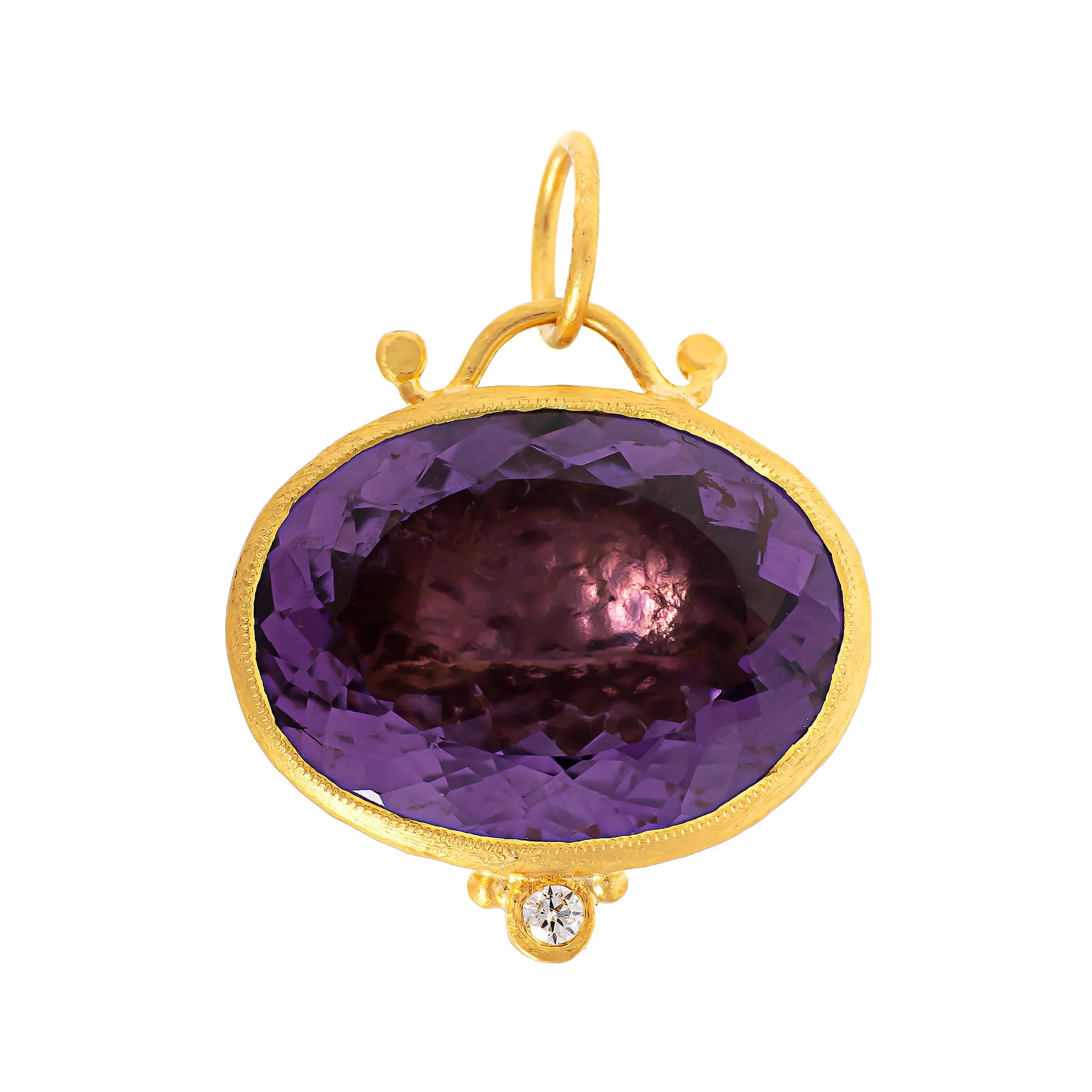 24K Yellow Gold Oval Amethyst and Diamond Charm