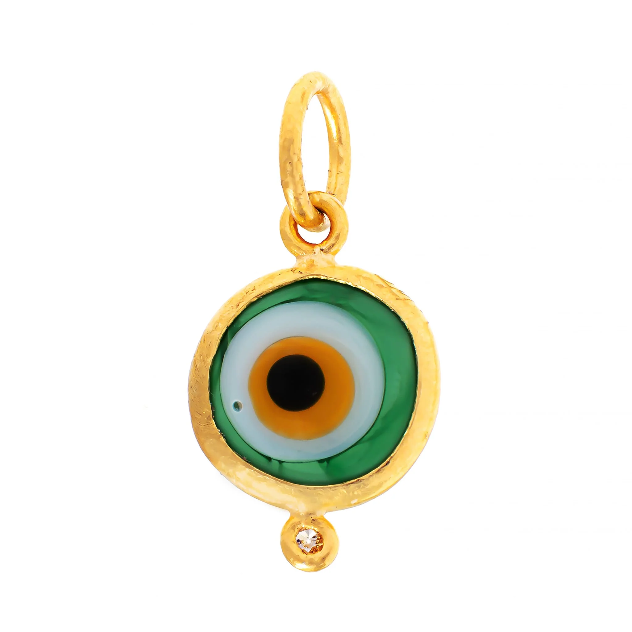 24K Yellow Gold Green Glass and Diamond Evil Eye Charm - Image 2