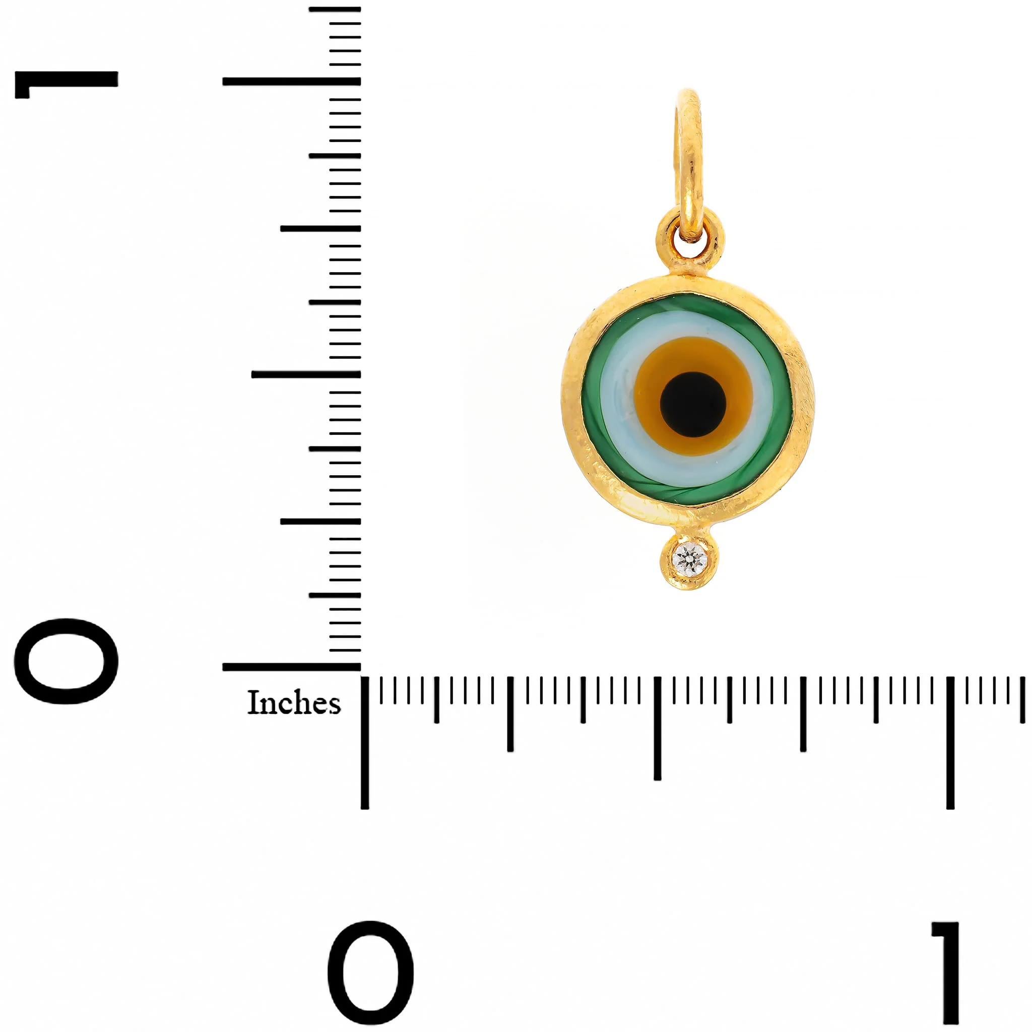 24K Yellow Gold Green Glass and Diamond Evil Eye Charm - Image 3