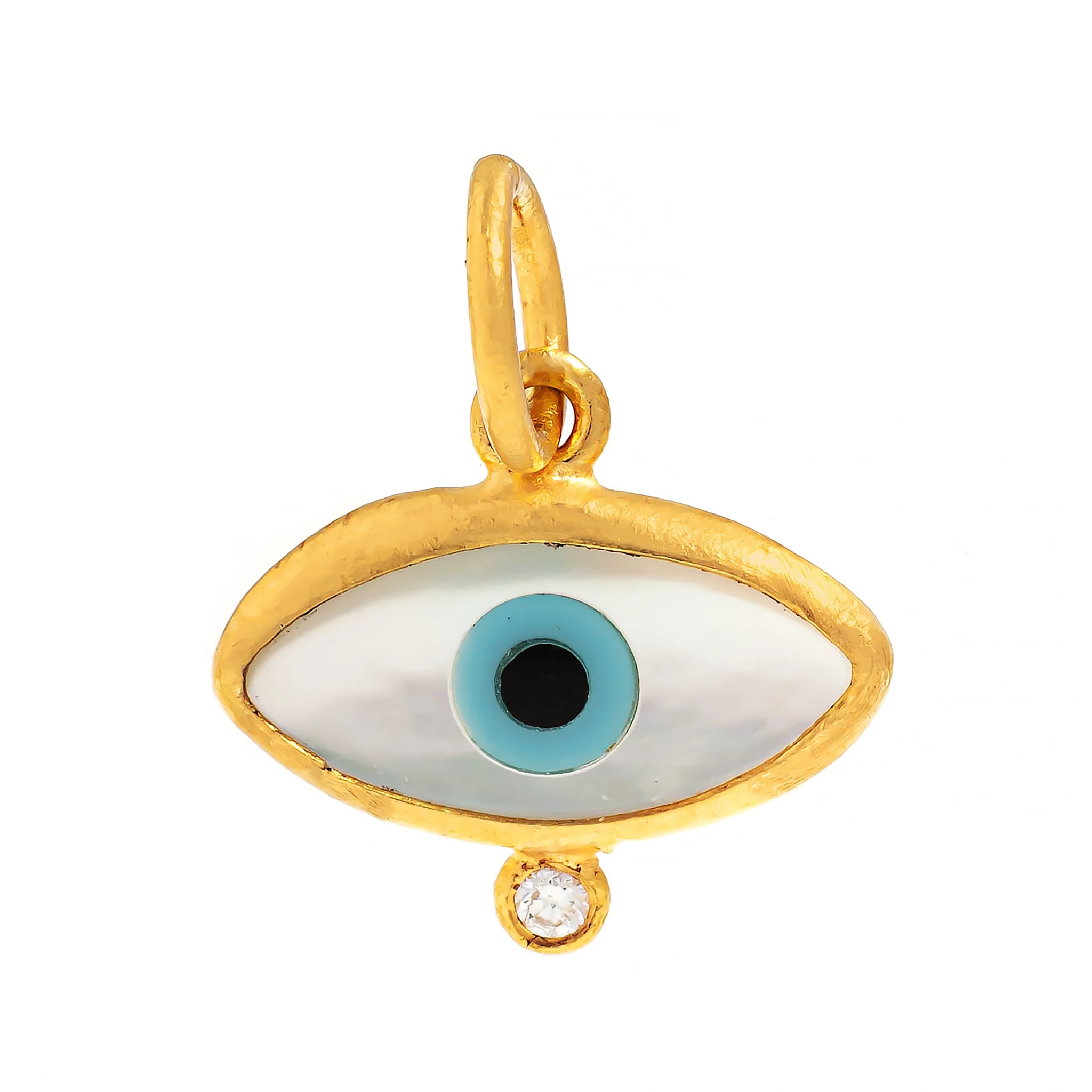 24K Yellow Gold Mother Of Pearl and Diamond Evil Eye Charm