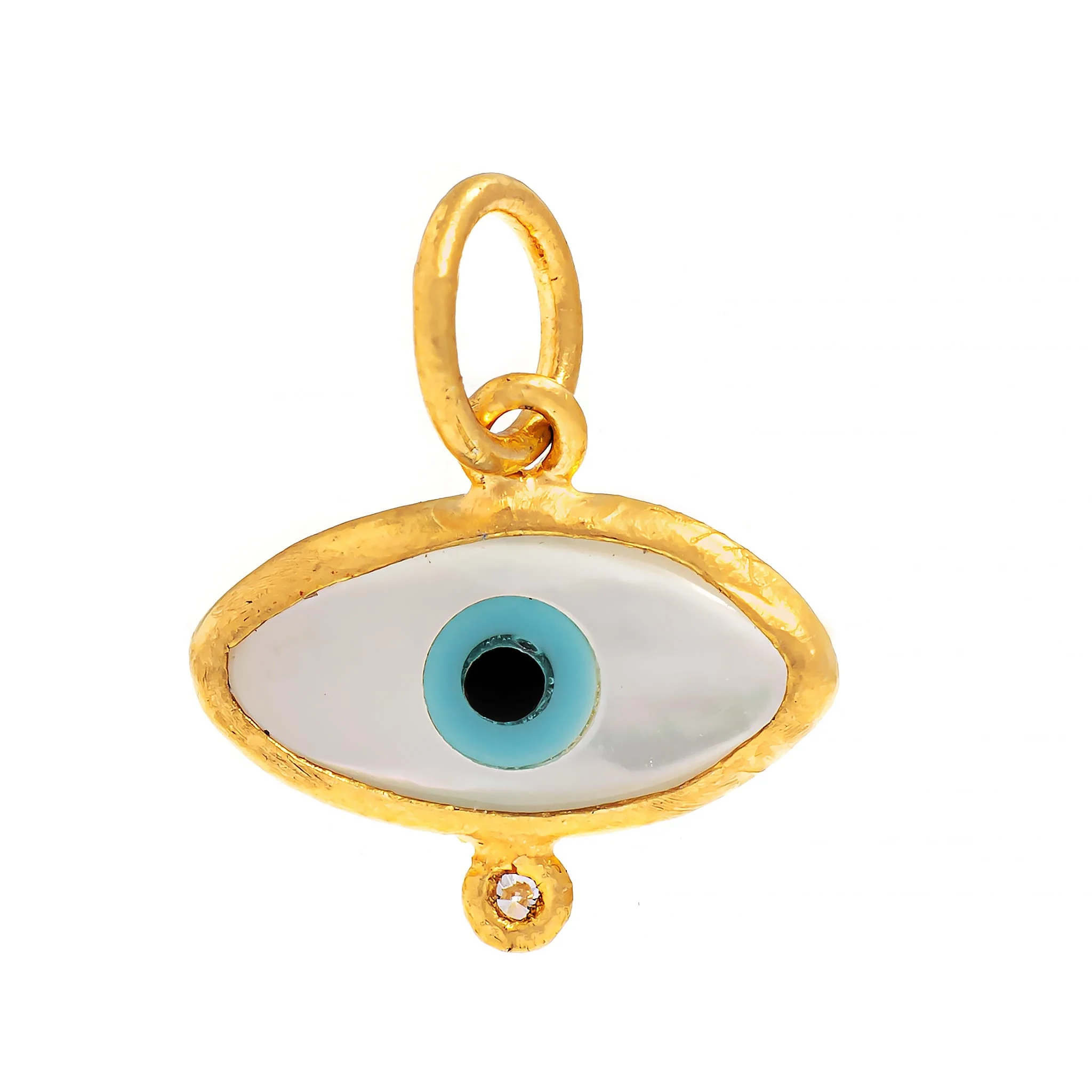 24K Yellow Gold Mother Of Pearl and Diamond Evil Eye Charm - Image 2