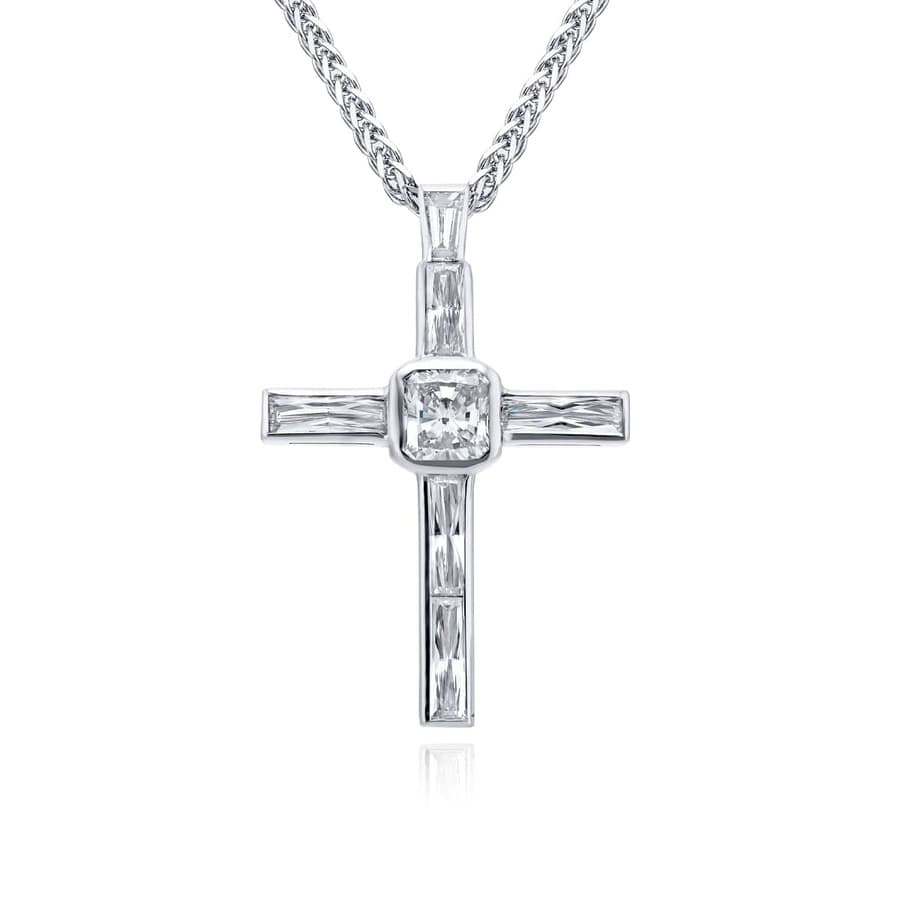 Platinum Radiant-Cut Diamond Bezel Set Cross Pendant