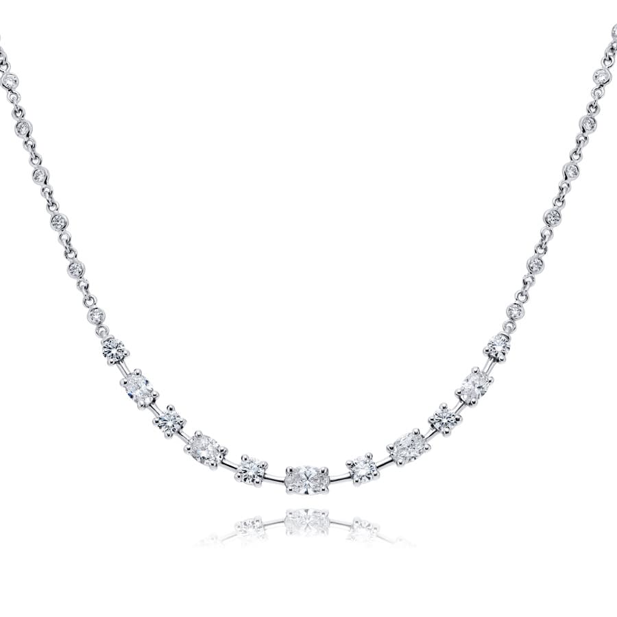 Platinum Oval and Round Diamond Swooped Pendant Necklace