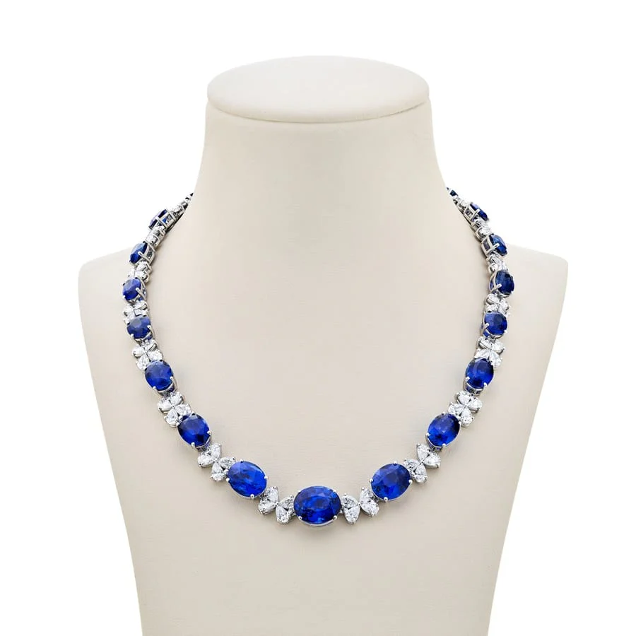Platinum Oval Sapphire and Diamond Certified Floral Necklace - Image 2