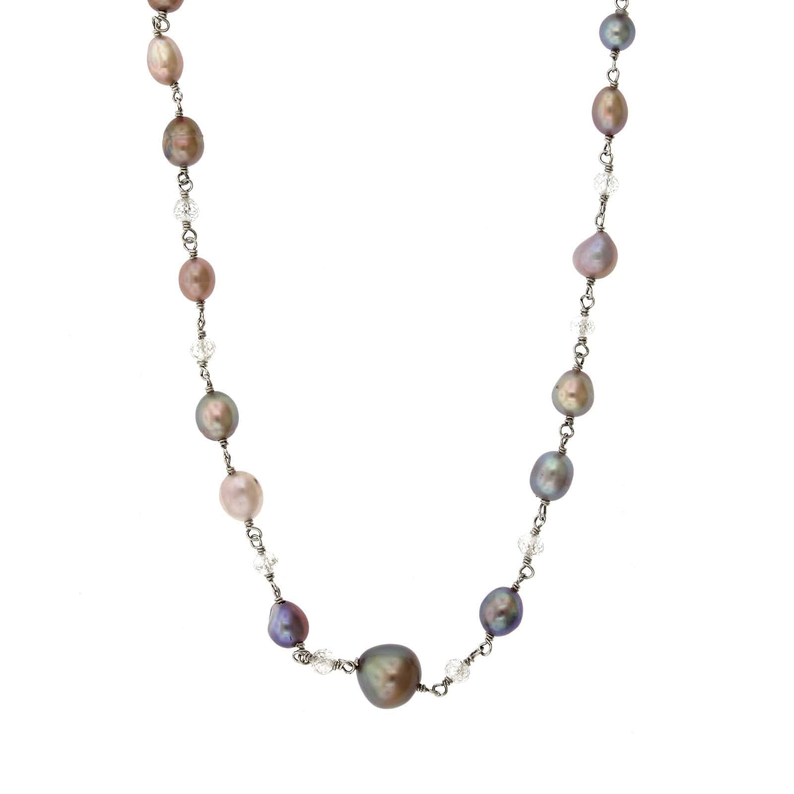 Platinum Natural Pearl and Diamond Bead Necklace