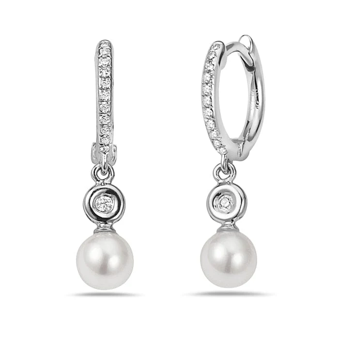 14K White Gold Pave Diamond & Pearl Drop Huggie Earrings