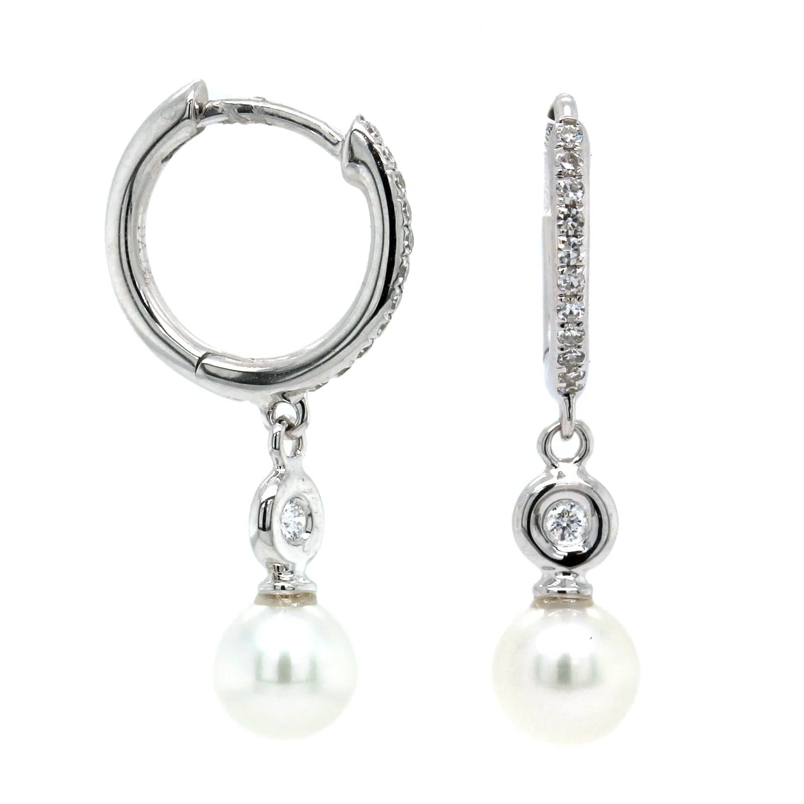 14K White Gold Pave Diamond & Pearl Drop Huggie Earrings - Image 2
