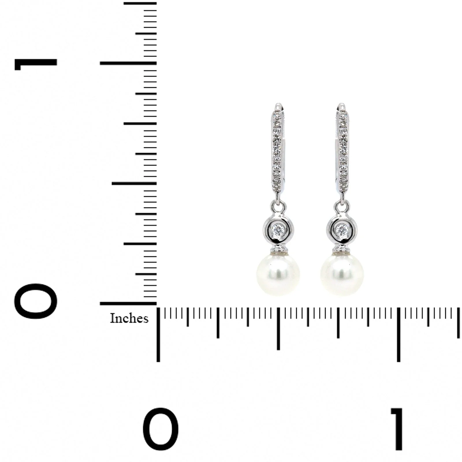 14K White Gold Pave Diamond & Pearl Drop Huggie Earrings - Image 3