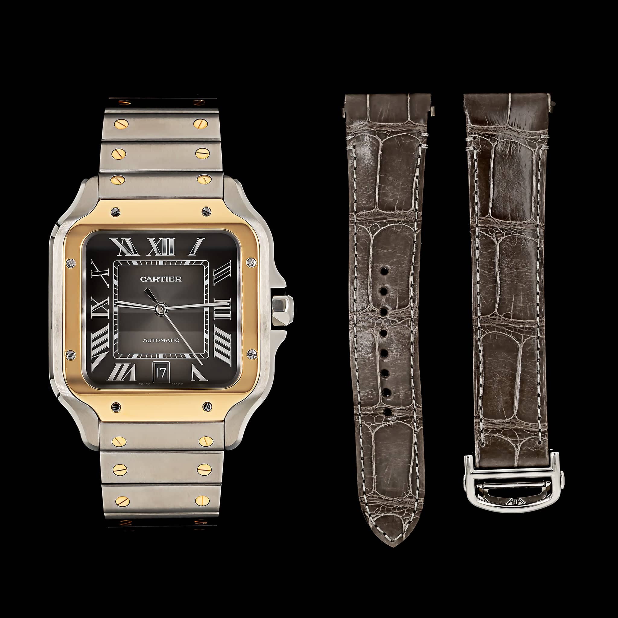 Pre-Owned Stainless Steel & Yellow Gold Cartier Santos Large Estate Watch - Image 4