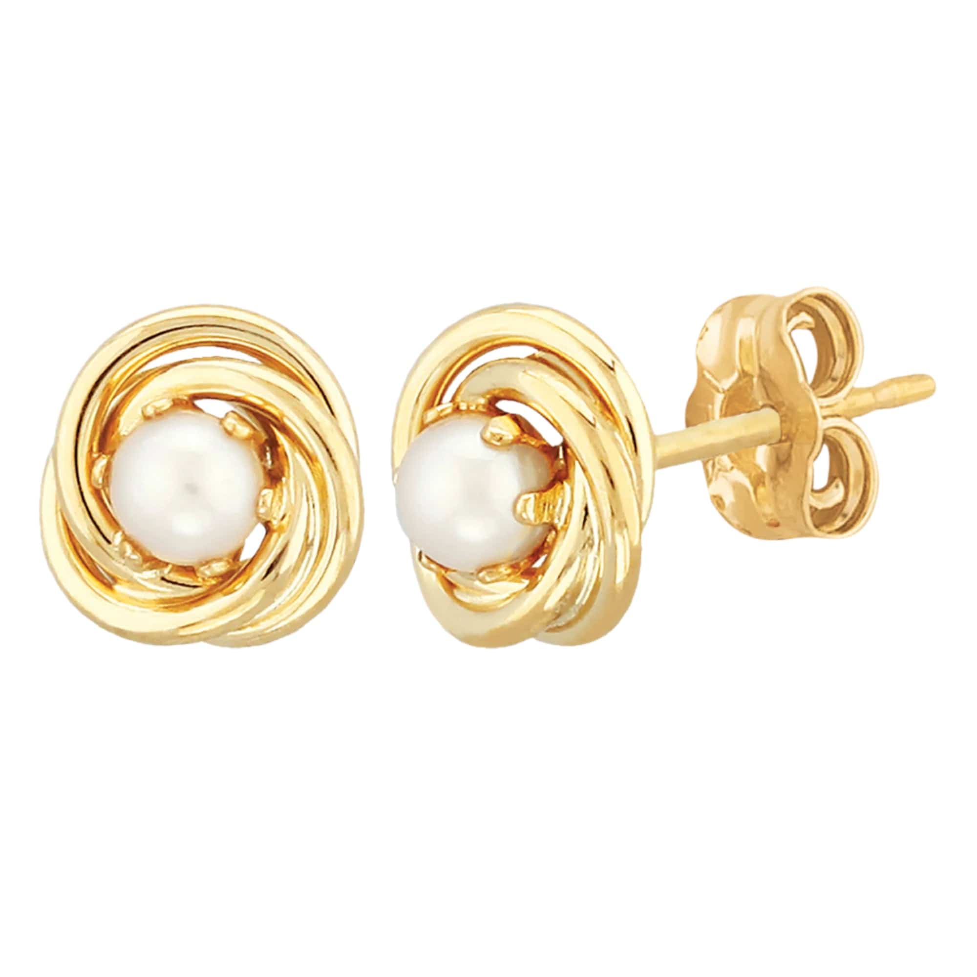 14K Yellow Gold Pearl Love Knot Stud Earrings