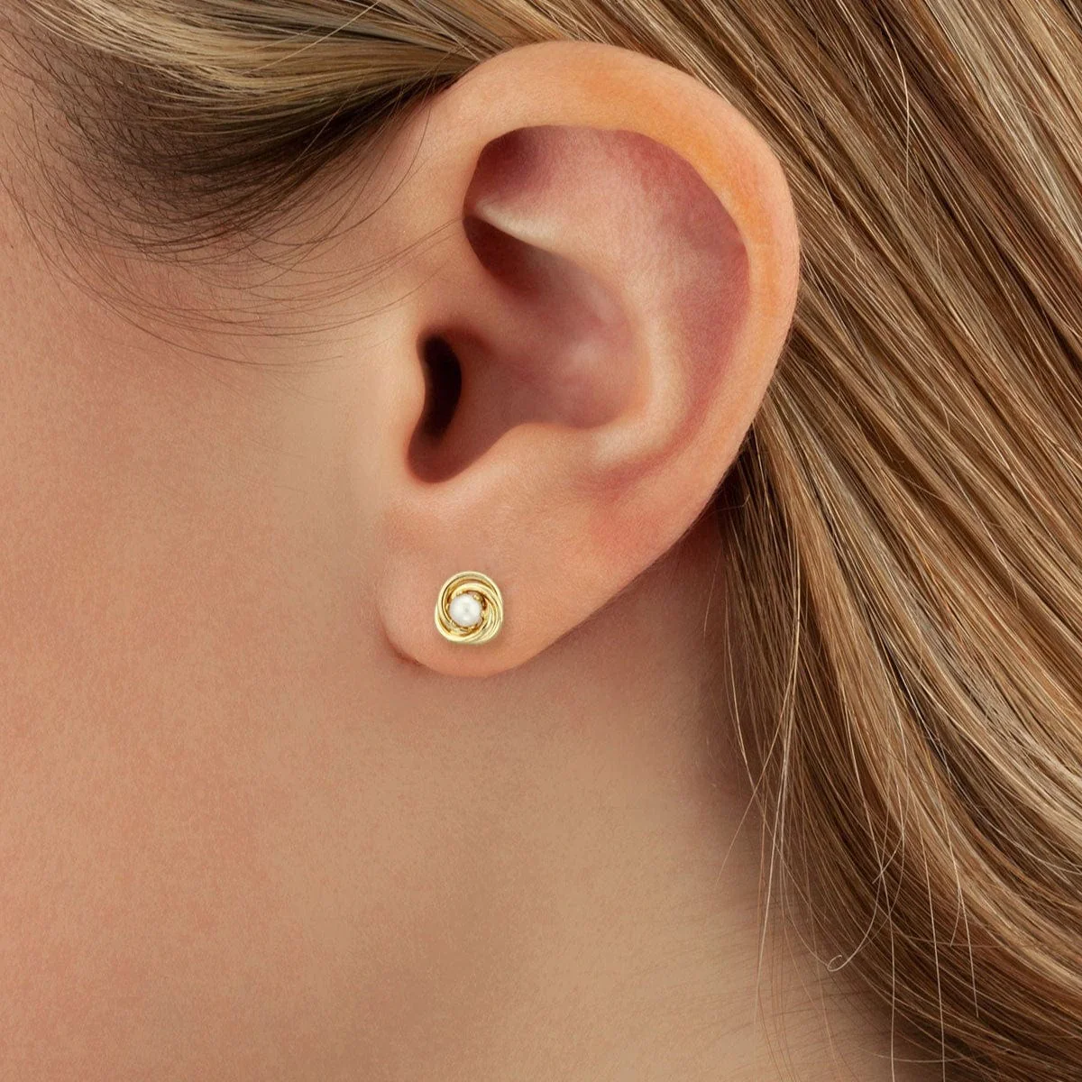 14K Yellow Gold Pearl Love Knot Stud Earrings - Image 2