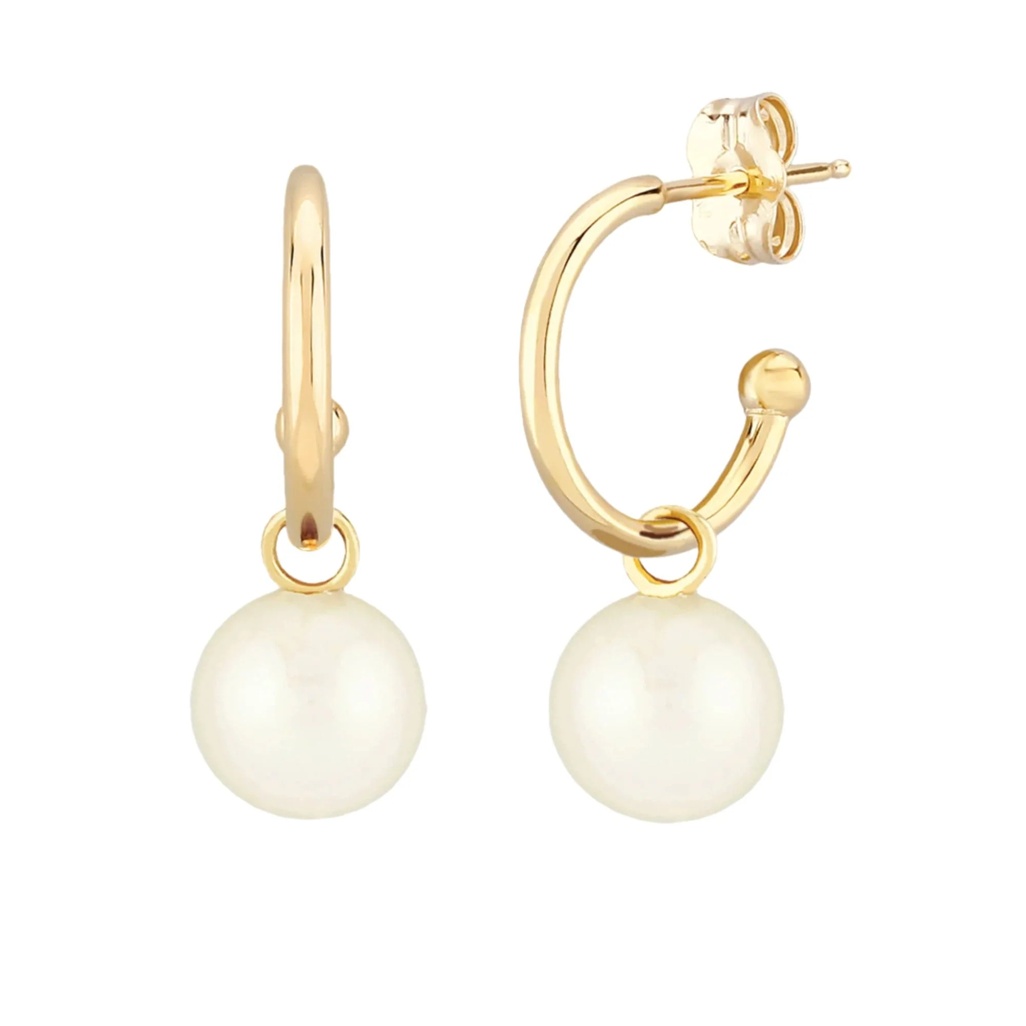 14K Yellow Gold Pearl Small Pearl Drop Hoop Earrings