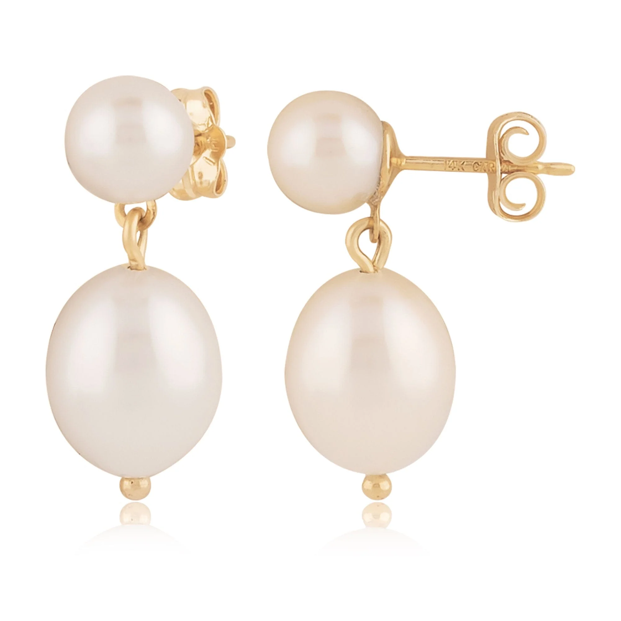 14K Yellow Gold Pearl Double Drop Earrings