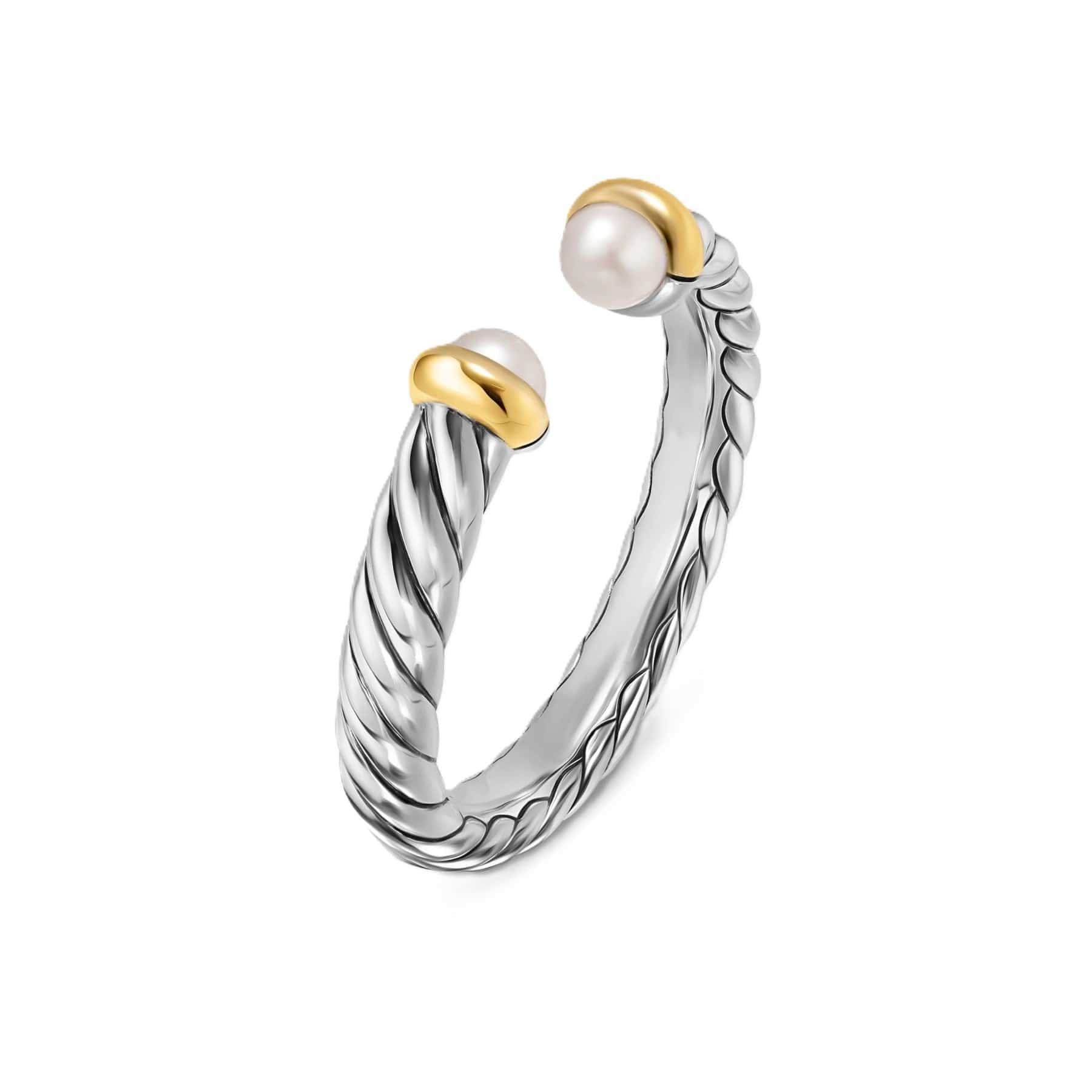 Petite Cable Open Ring Sterling Silver with 14K Yellow Gold and Pearls, 3.4mm - Image 2