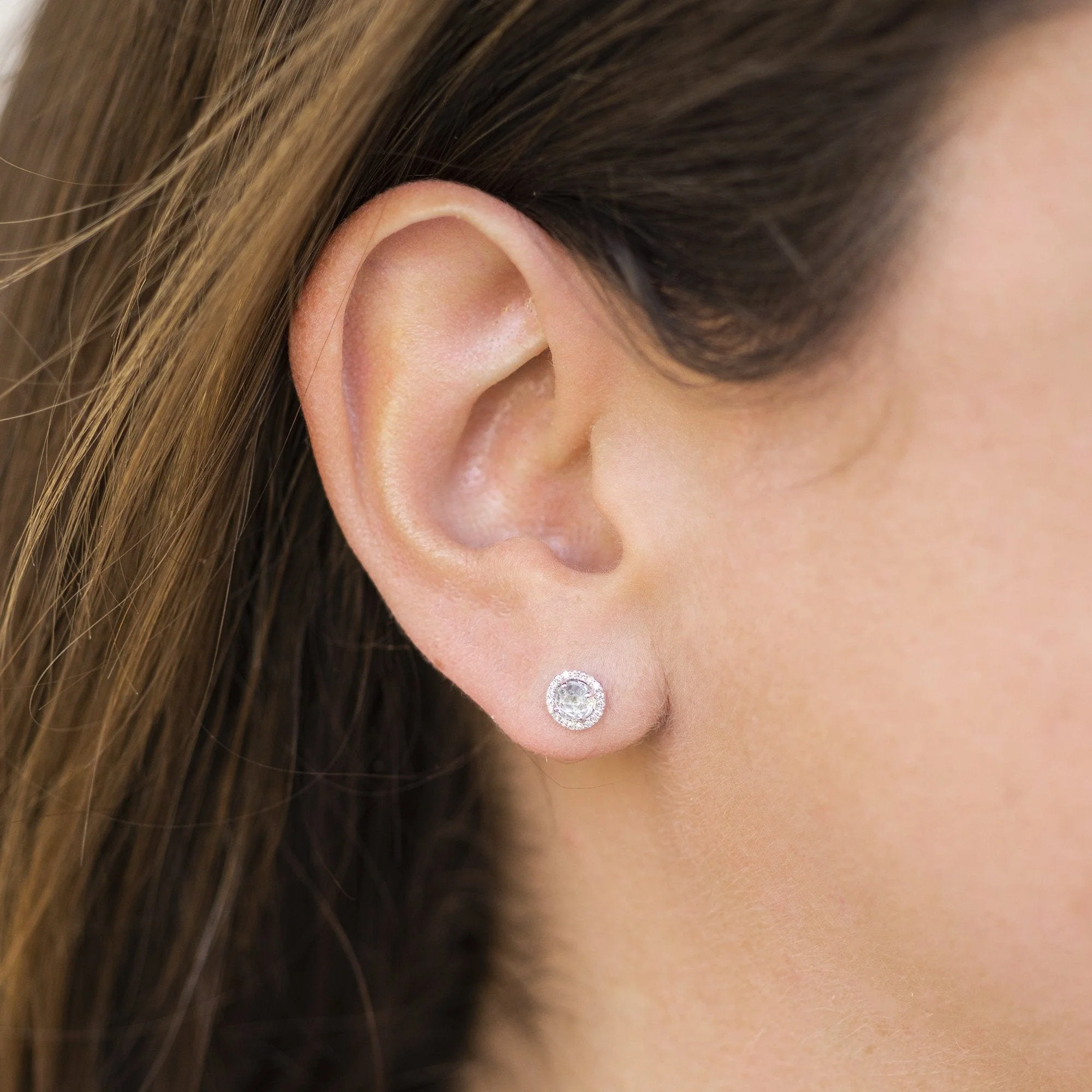 14K White Gold Aqua Diamond Halo Stud Earrings - Image 2