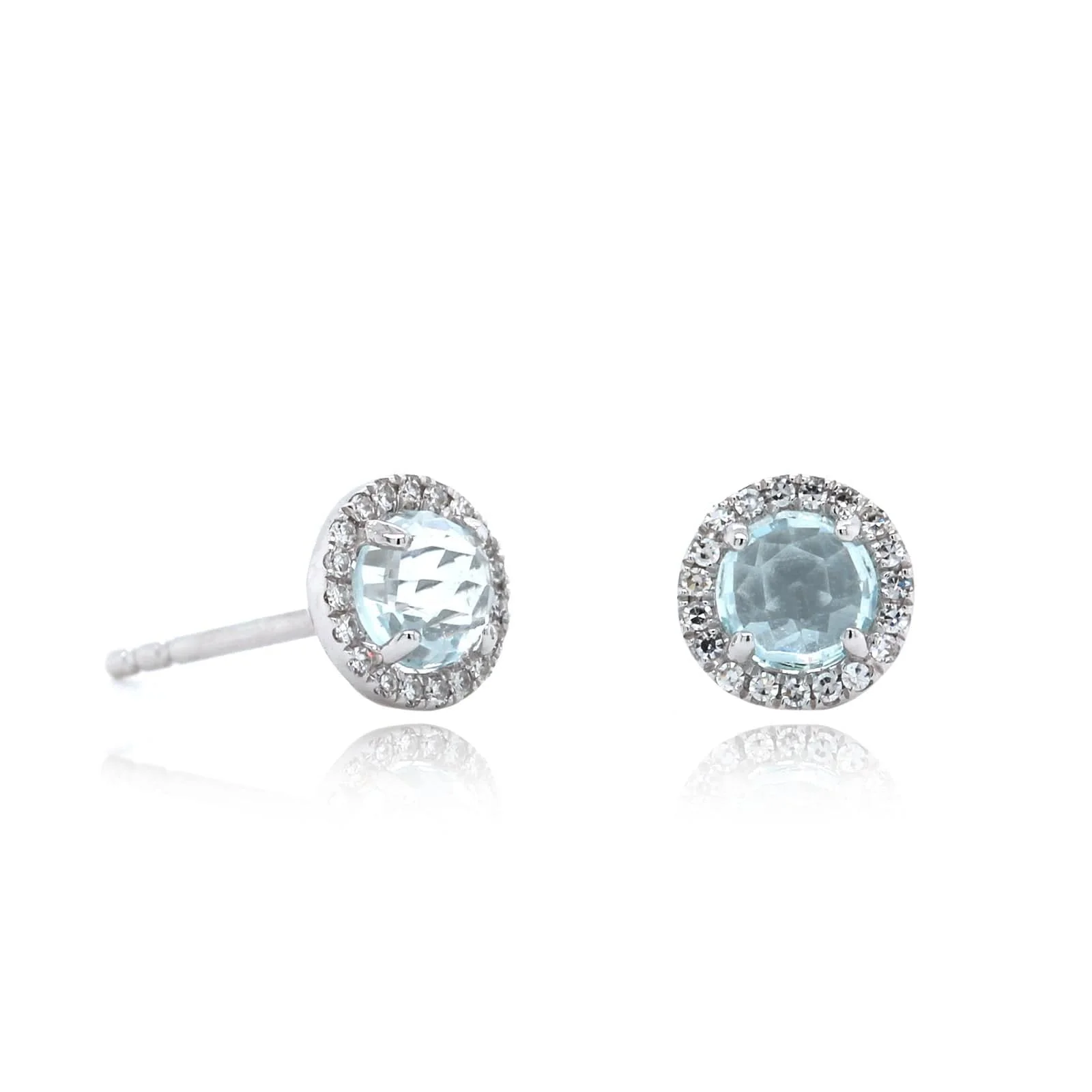 14K White Gold Aqua Diamond Halo Stud Earrings - Image 4