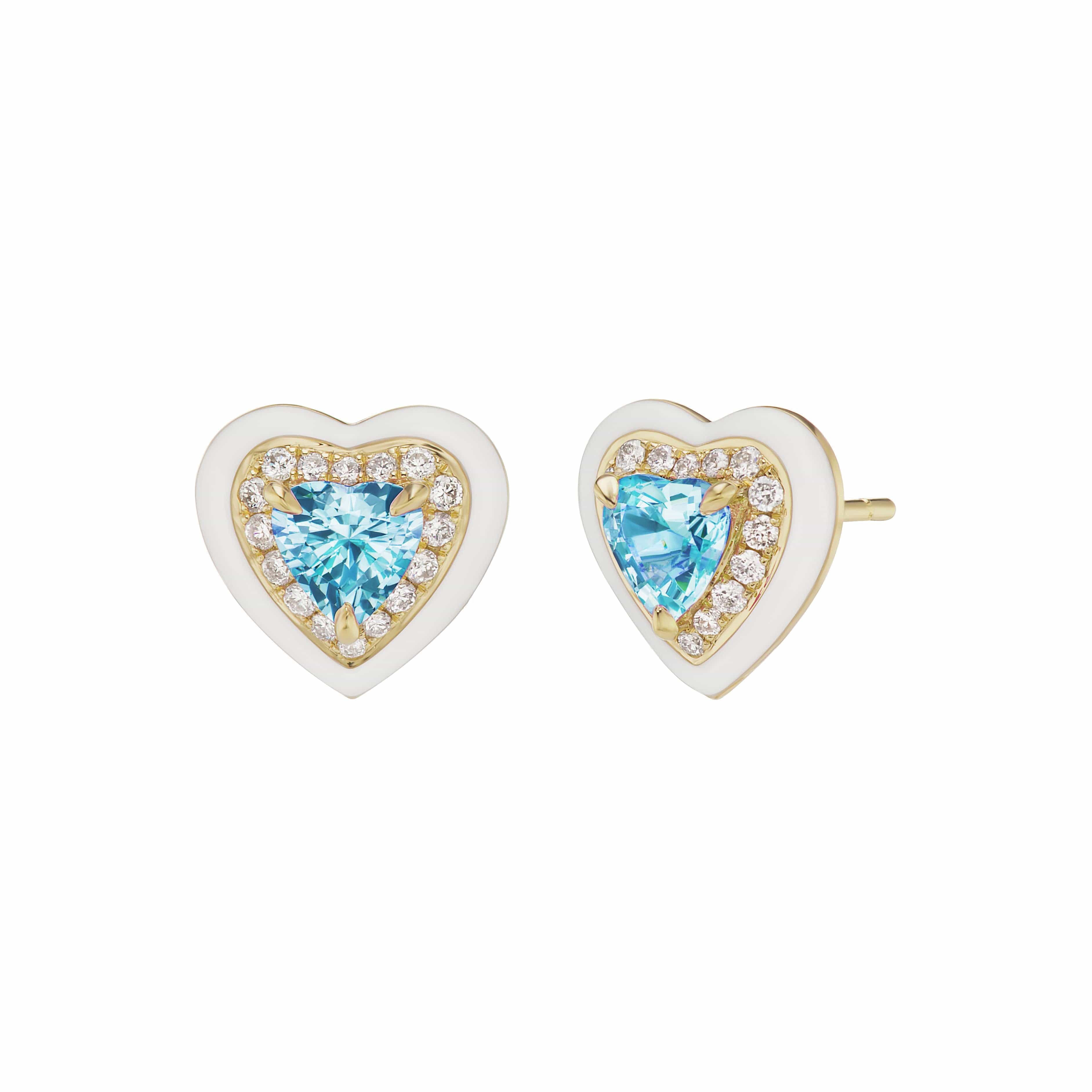 Emily P. Wheeler 18K Yellow Gold Aquamarine White Enamel Heart Stud Earrings