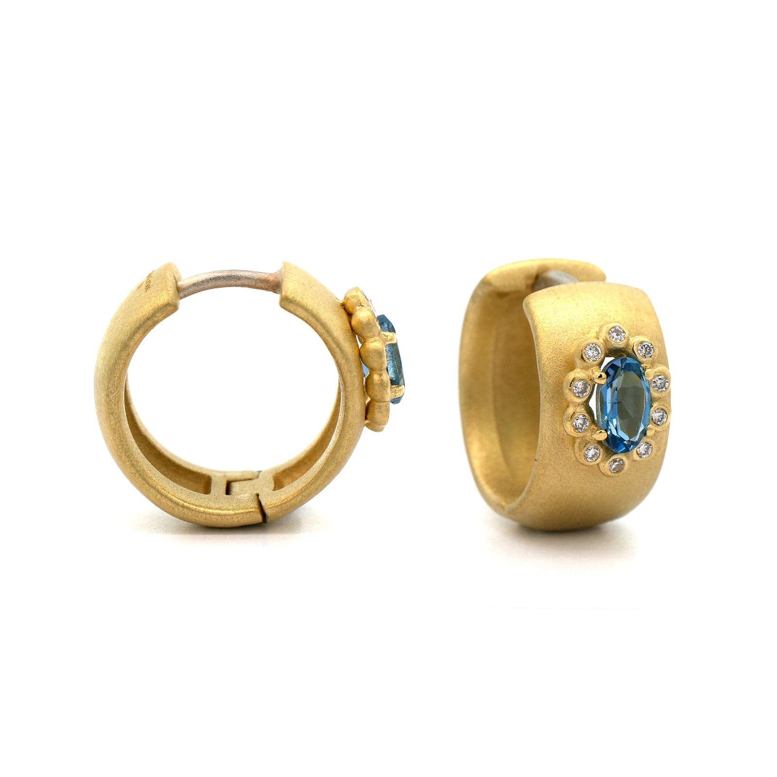 Suzy Landa 18K Yellow Gold Oval Aquamarine and Diamond Huggie Earrings - Image 3